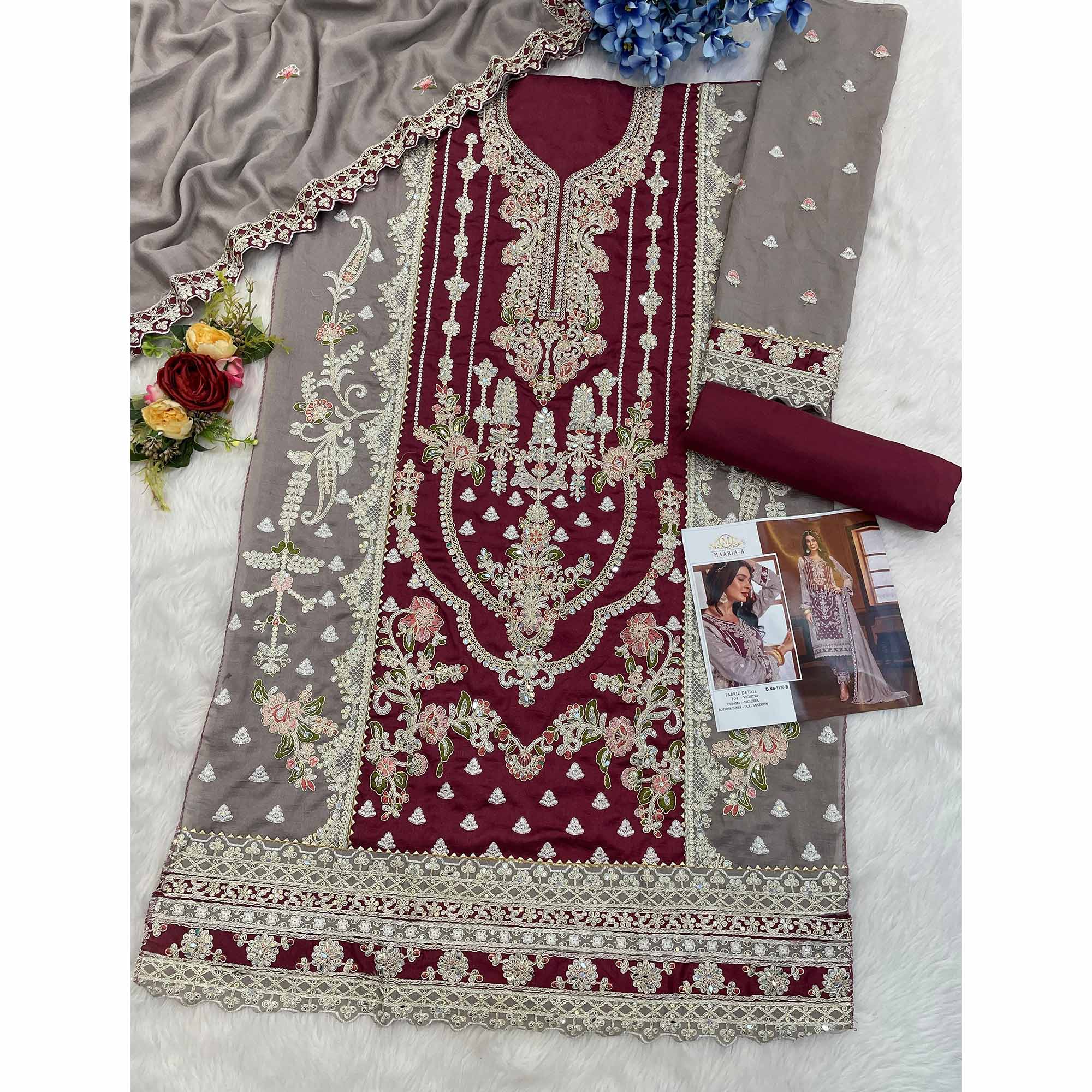Wine & Grey Floral Sequins Embroidery Vichitra Silk Semi Stitched Pakistani Suit - Image 4