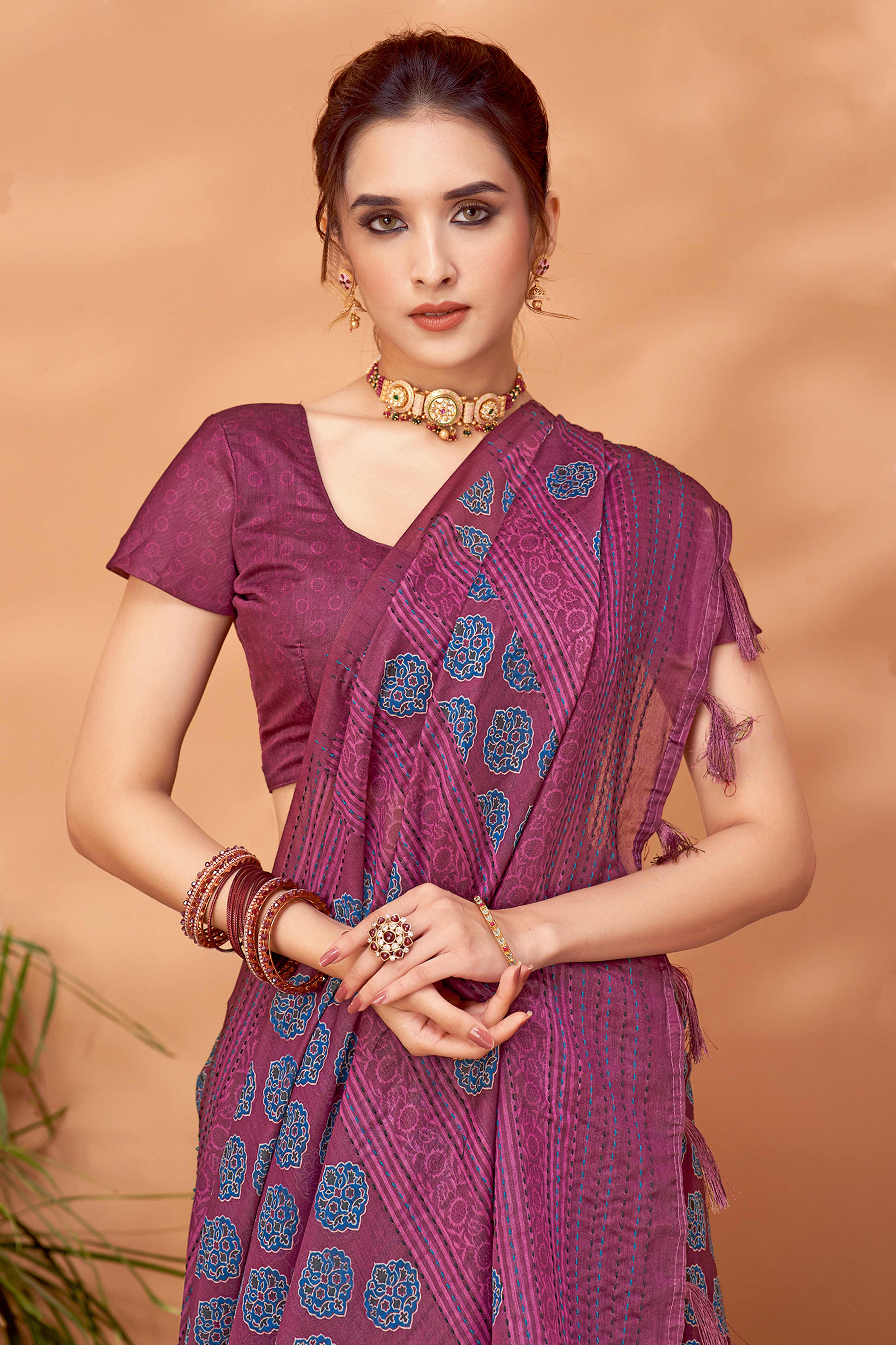 Wine Handfeel Cotton Silk Saree Adorned with Traditional Ajrakh Motifs - Image 4