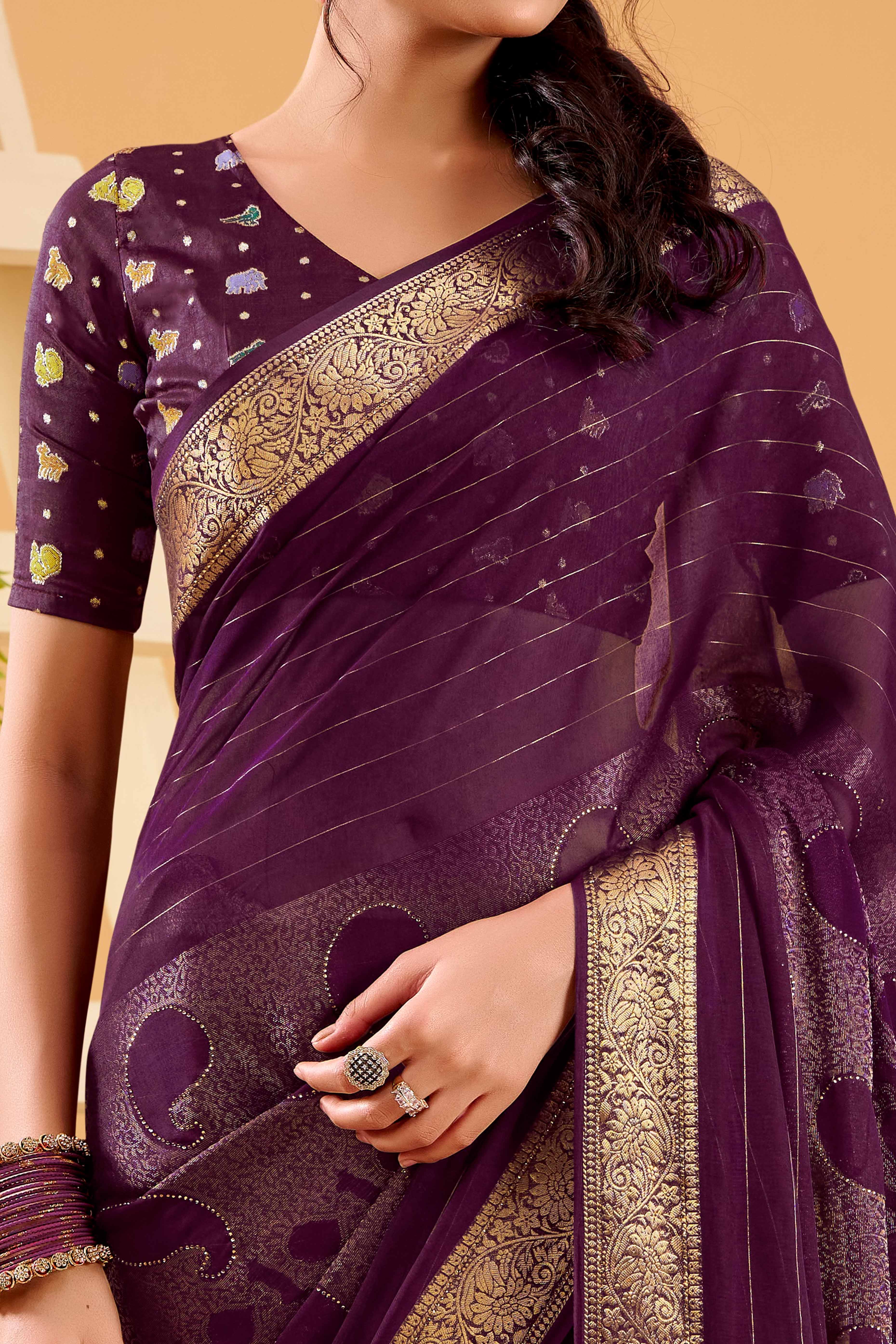 Wine Jacquard Saree Featuring Swarovski Embellishments With Rich Paisley & Floral Weave - Image 2