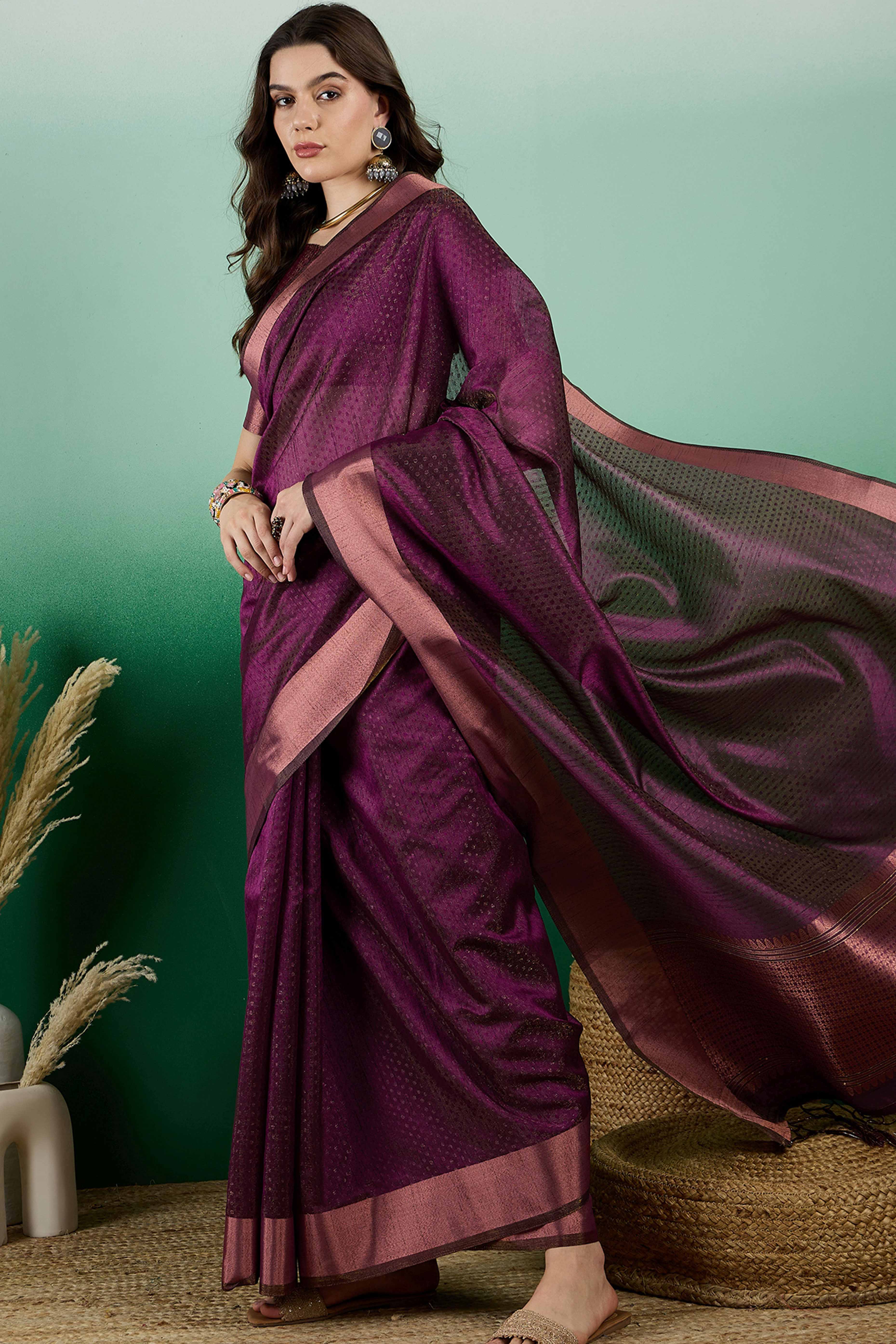 Wine Khadi Organza Saree Intricate Weaving & Sparkling Sequins with Tassel Pallu - Image 3