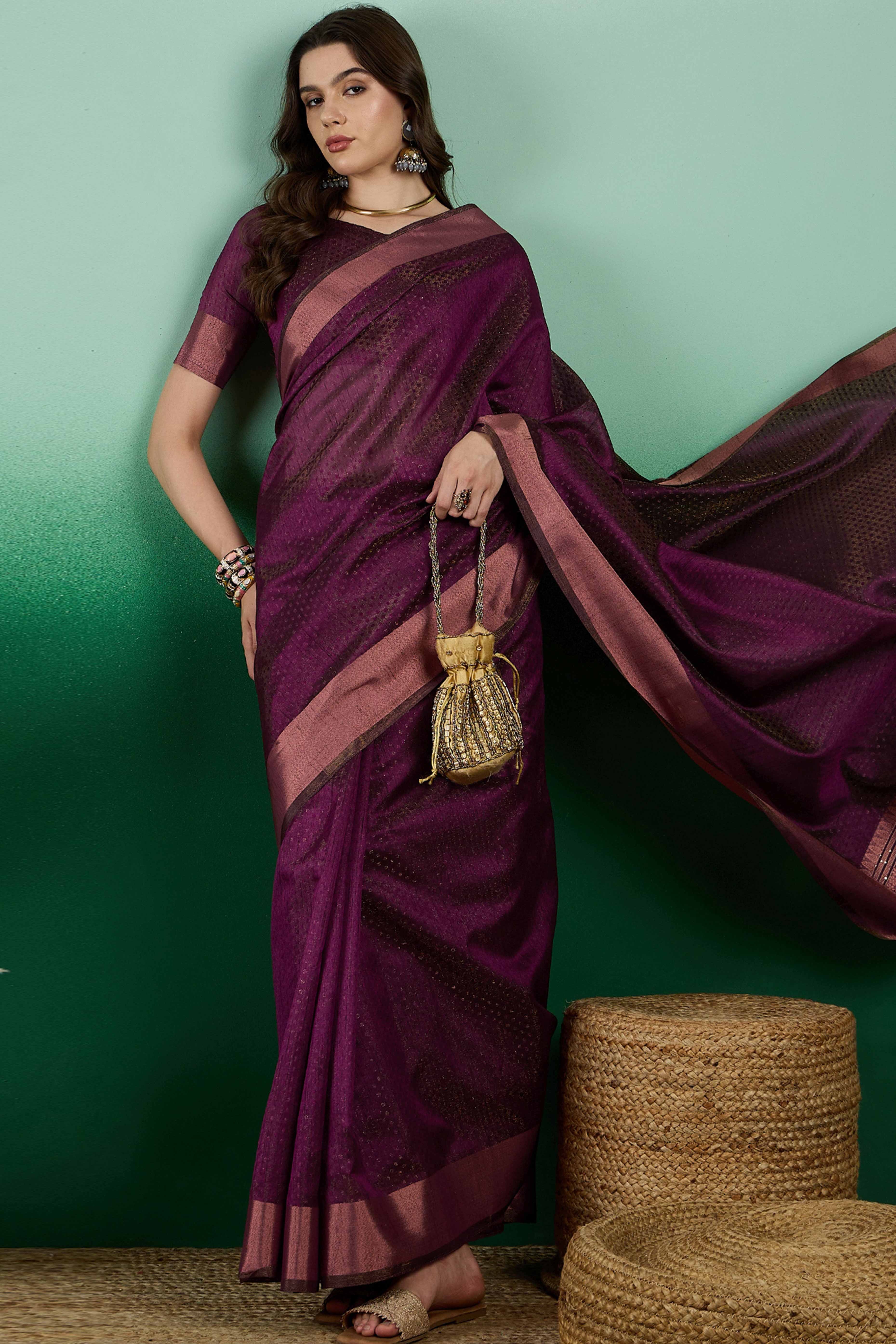 Wine Khadi Organza Saree Intricate Weaving & Sparkling Sequins with Tassel Pallu - Image 4