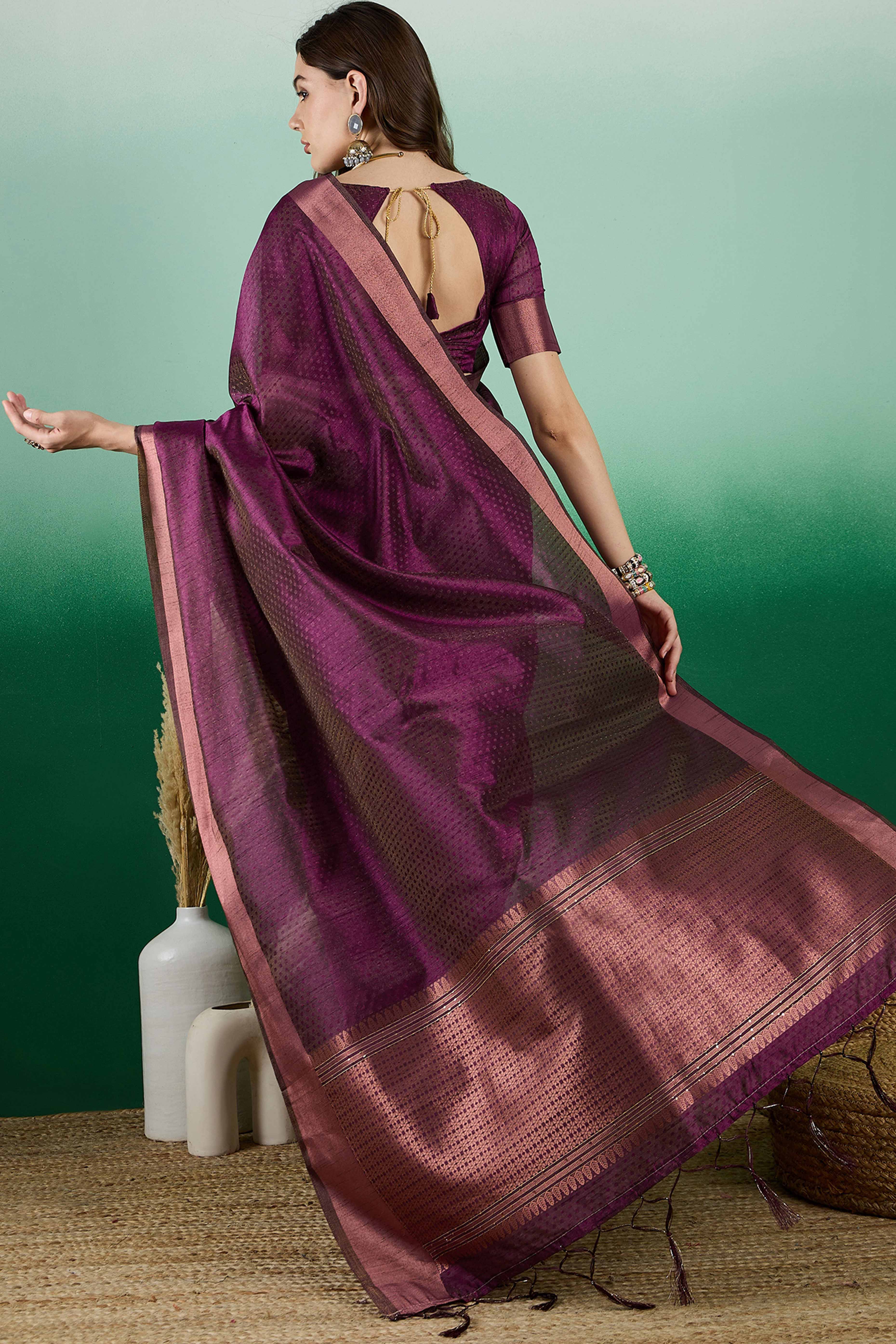 Wine Khadi Organza Saree Intricate Weaving & Sparkling Sequins with Tassel Pallu - Image 5