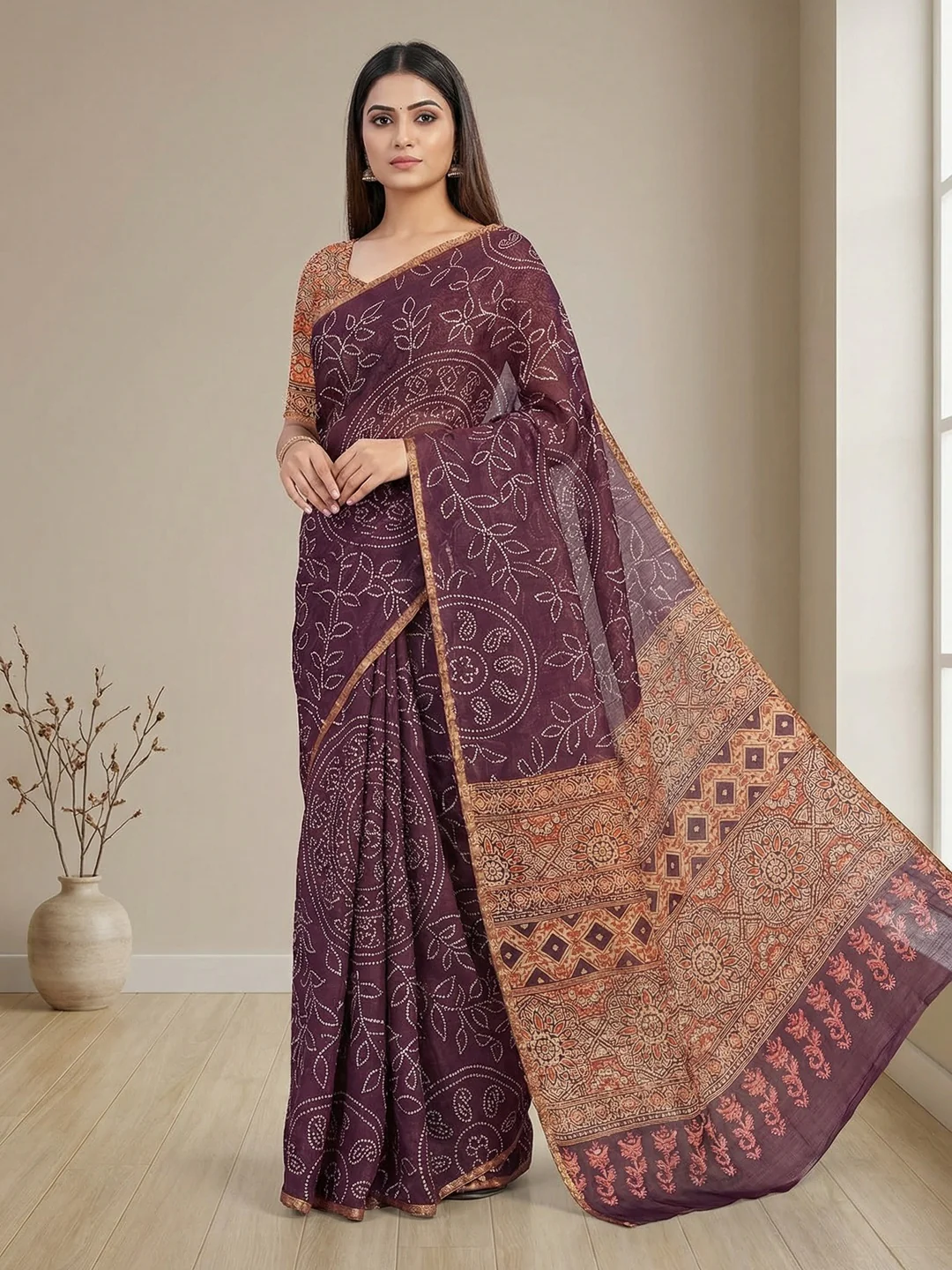 Wine Linen Saree with Bandhani Print and Ethnic Motifs