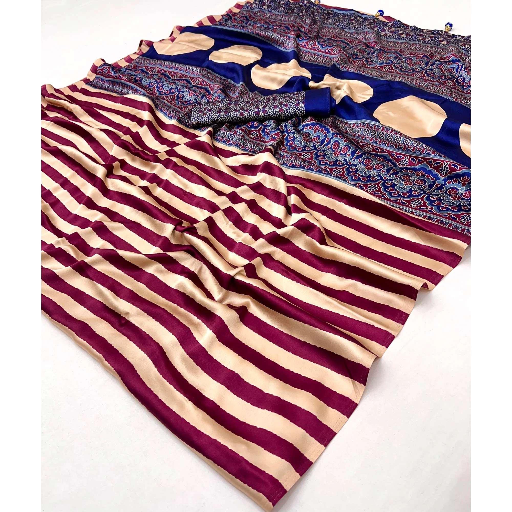 Wine Modal Satin Saree with Subtle Stripe Design and Ajrakh Print on Pallu - Image 10