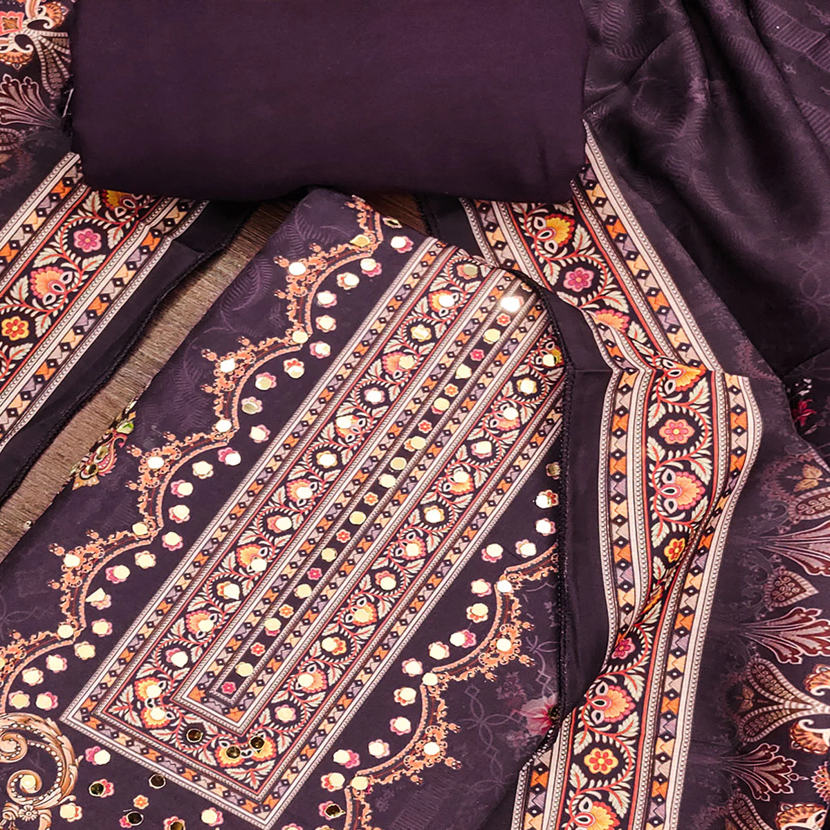 Wine Muslin Suit Fabric Featuring Floral Print & Stone Highlights - Image 2