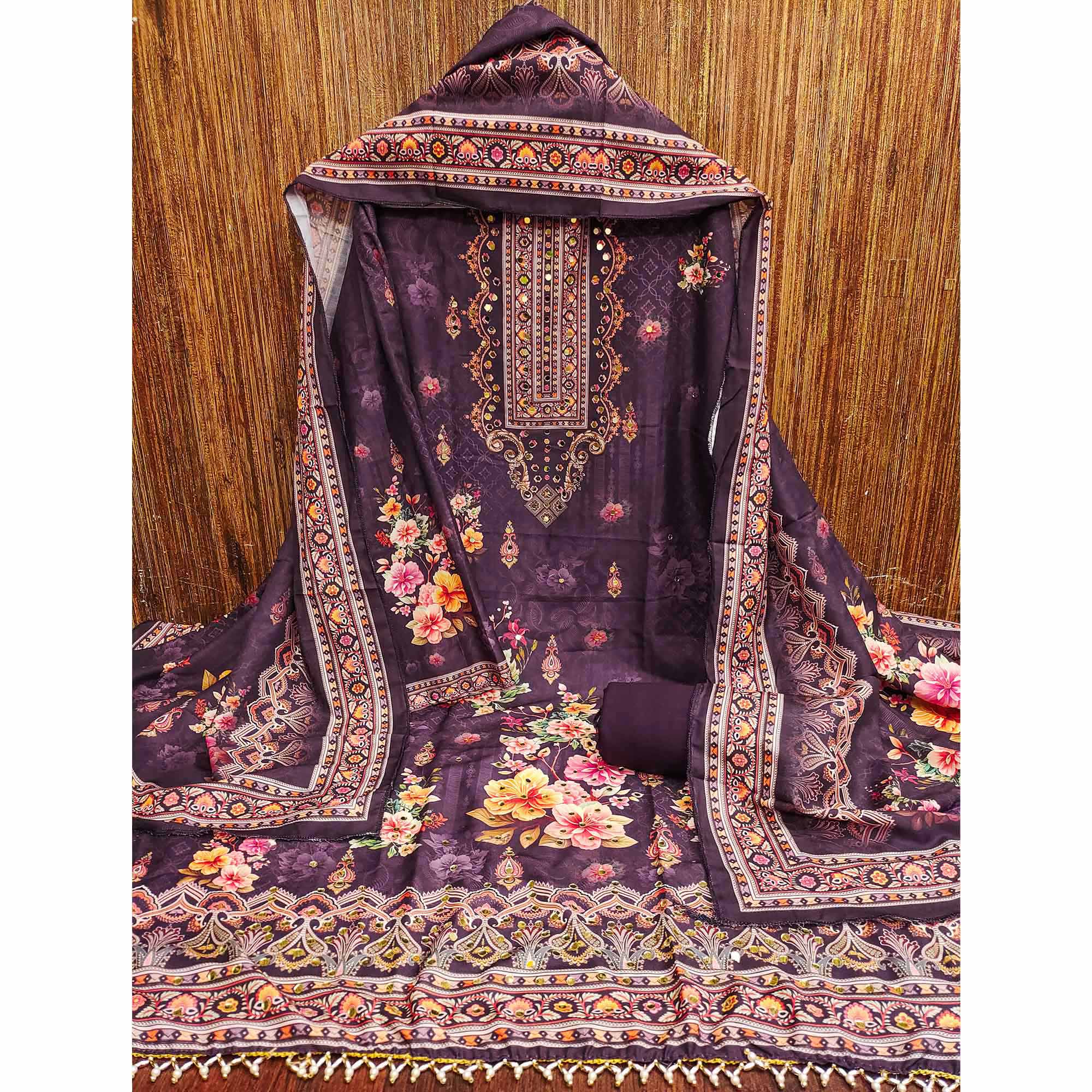 Wine Muslin Suit Fabric Featuring Floral Print & Stone Highlights - Image 3