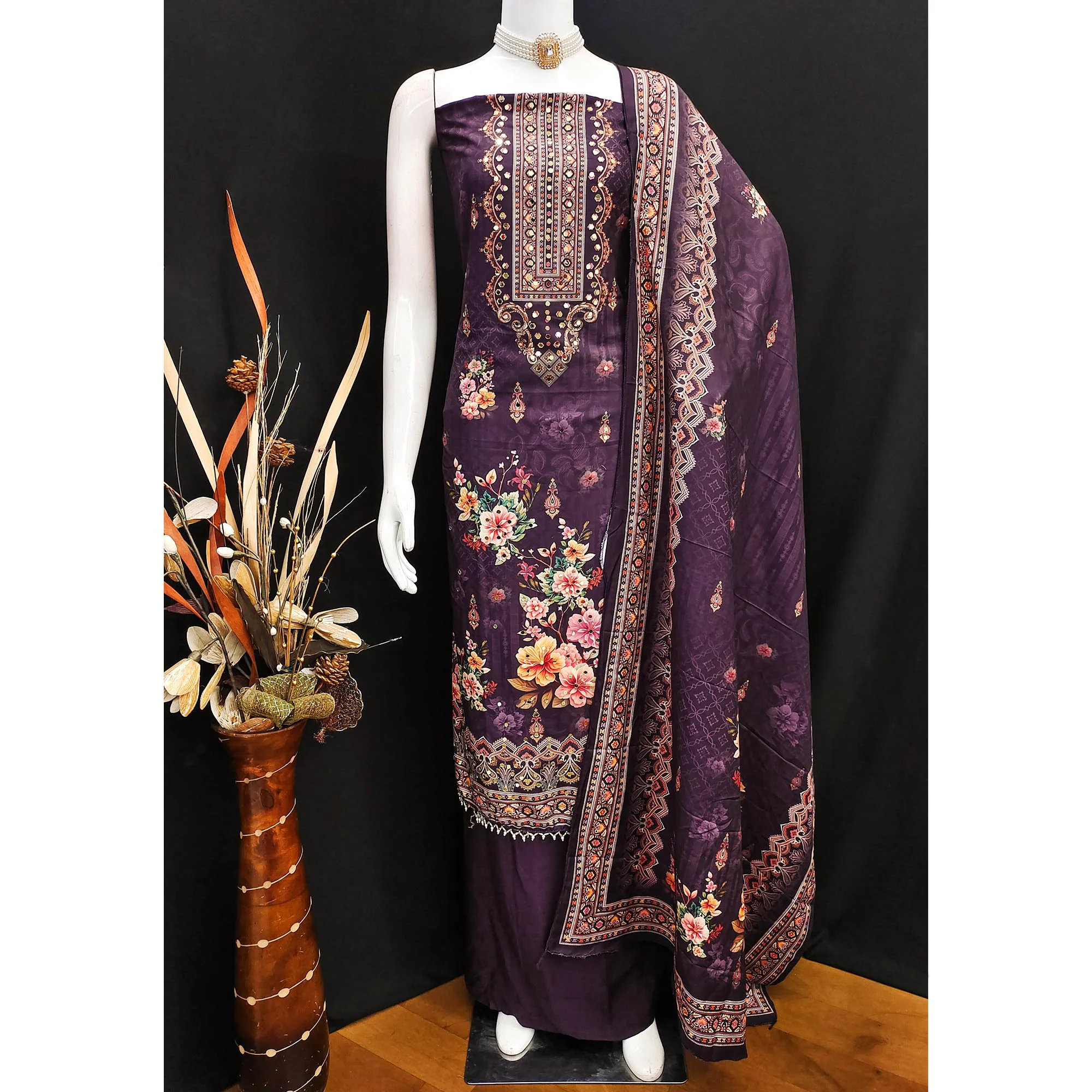 Wine Muslin Suit Fabric Featuring Floral Print & Stone Highlights - Image 6