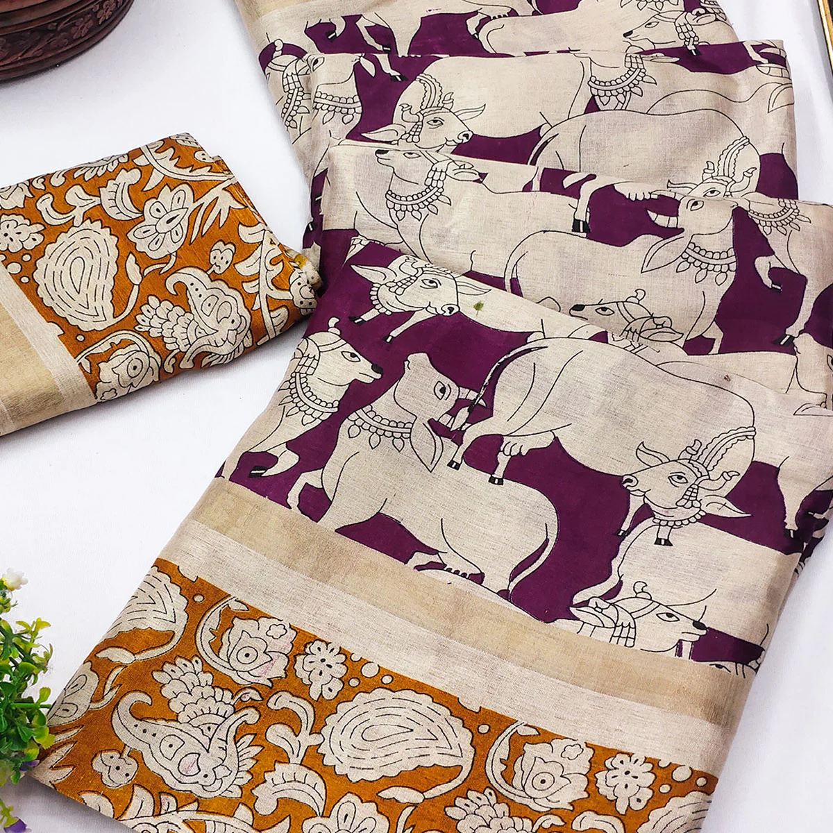 Wine & Mustard Cotton Blend Saree Featuring Artistic Animal And Floral Print Fusion - Image 2