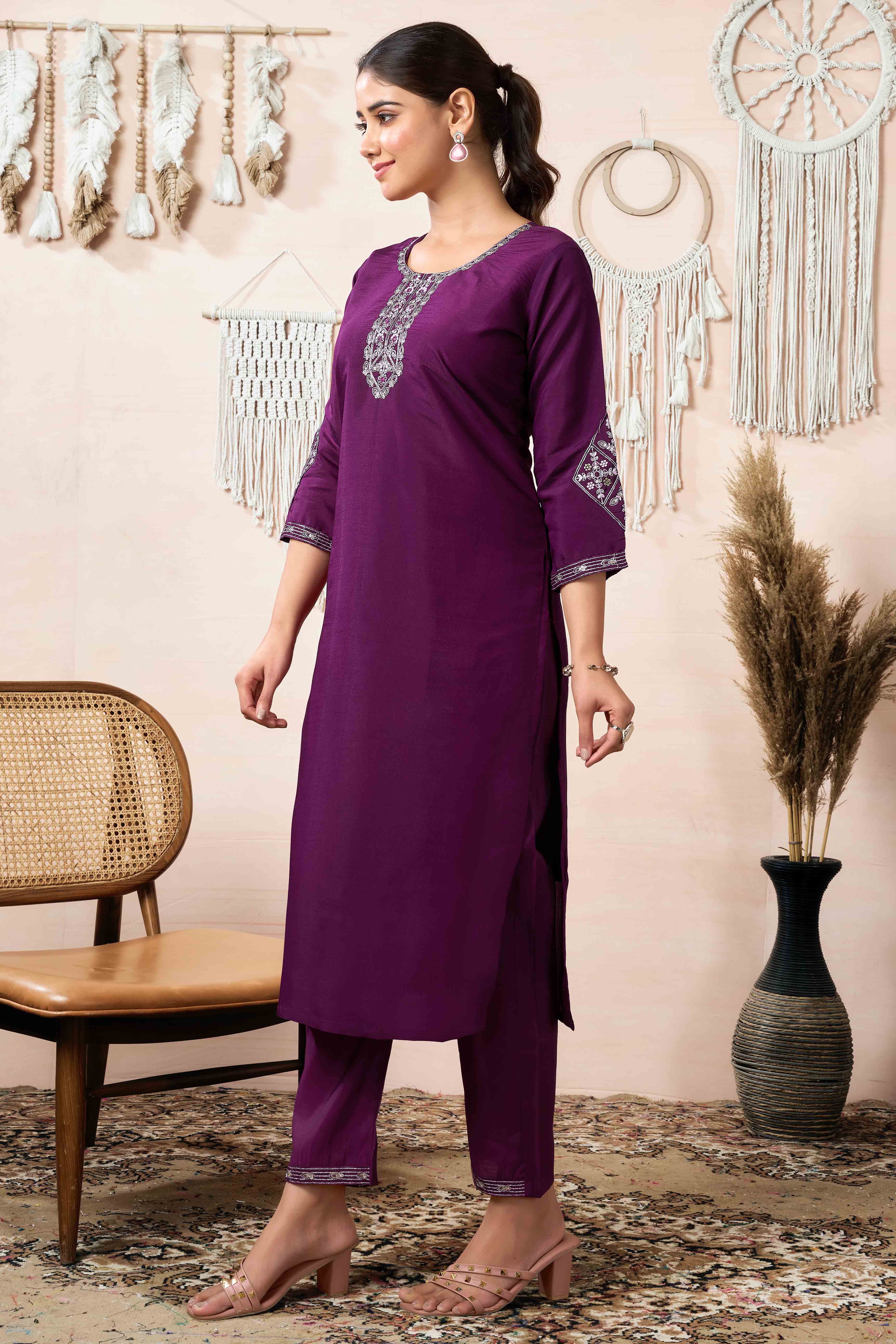 Wine Neck Embroidered Viscose Straight Salwar Suit - Image 3