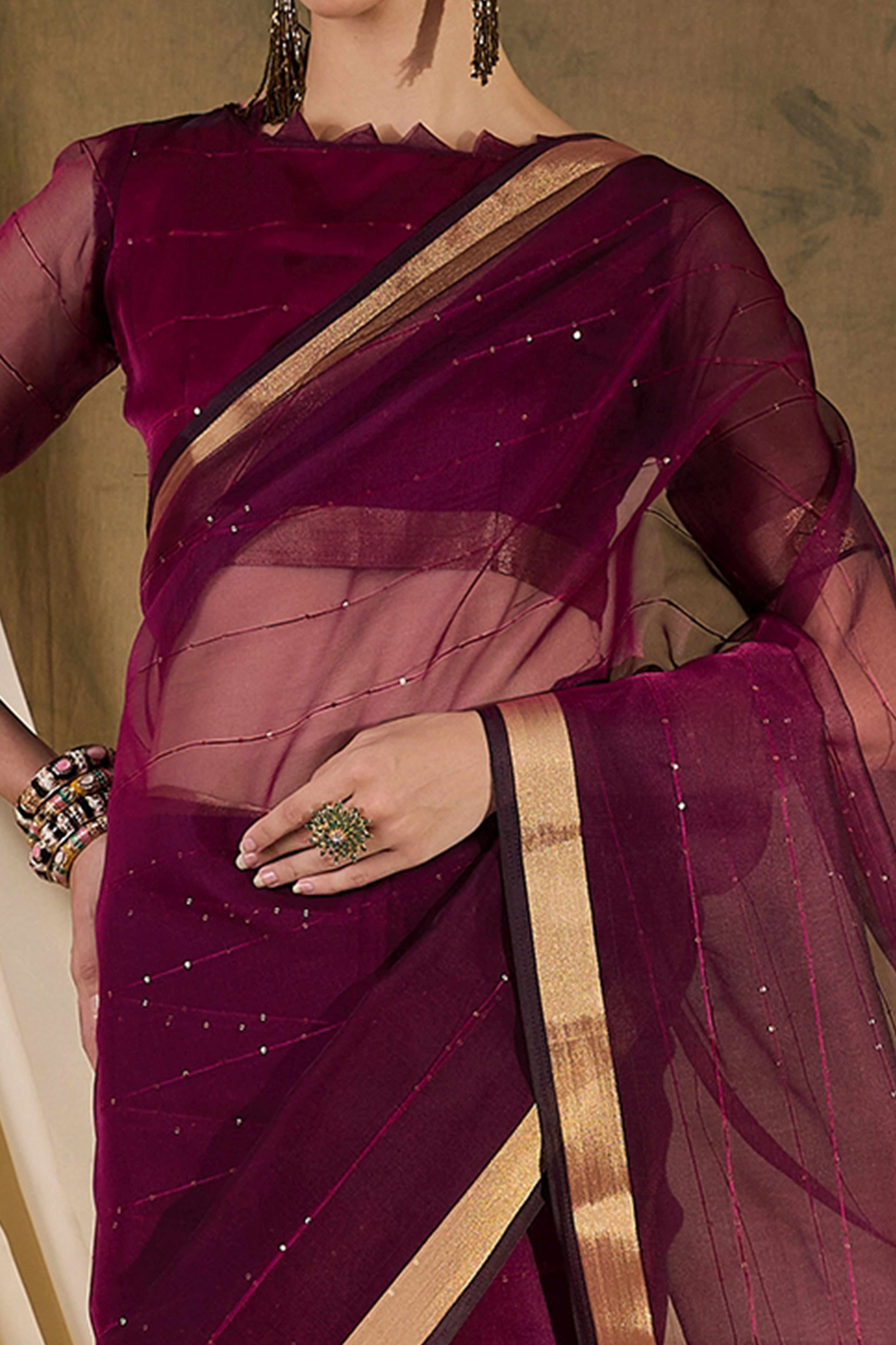 Wine Organza Silk Saree Featuring Shimmering Sequins Embroidery & Elegant Tasselled Pallu - Image 2