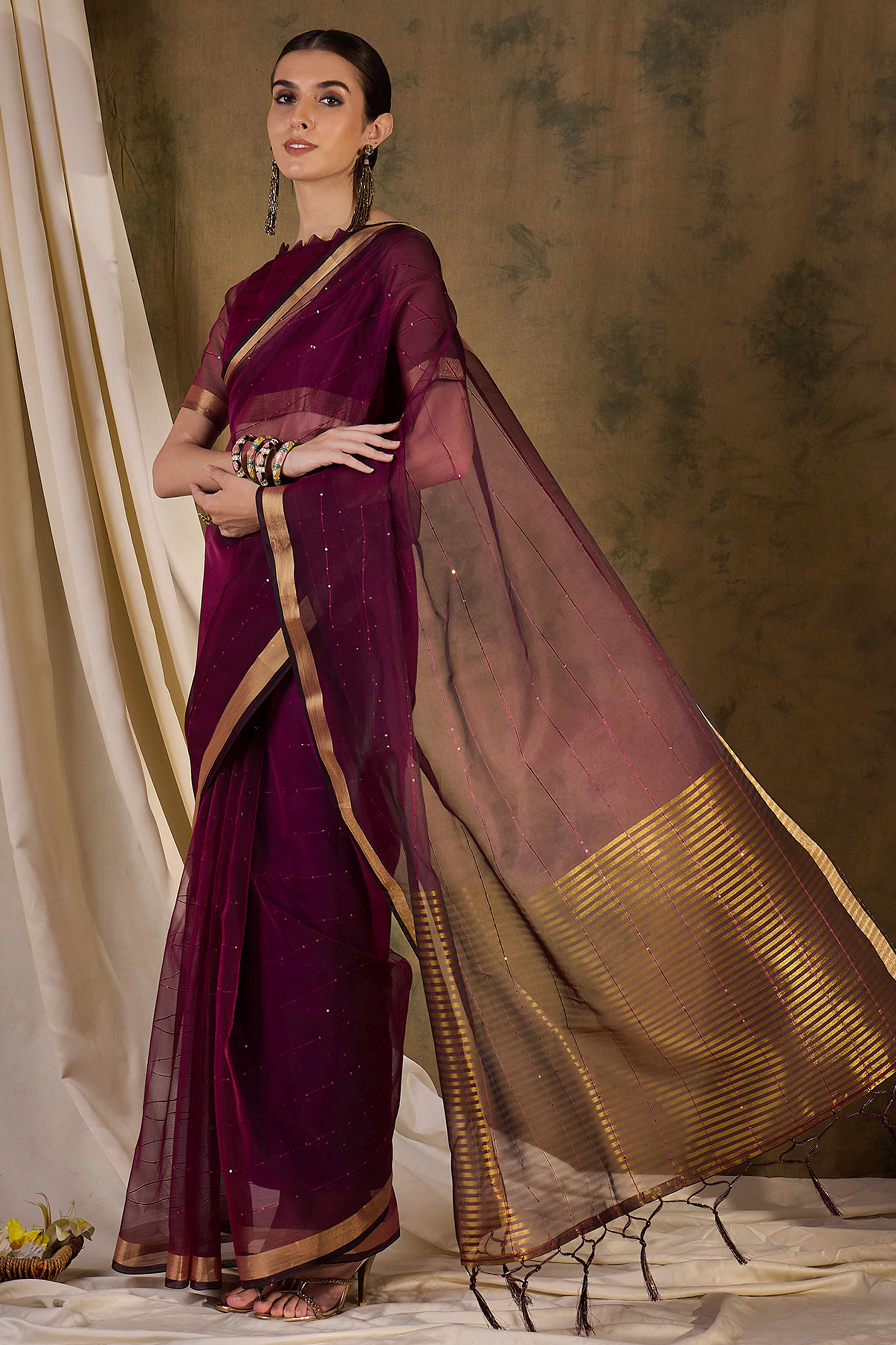 Wine Organza Silk Saree Featuring Shimmering Sequins Embroidery & Elegant Tasselled Pallu - Image 3