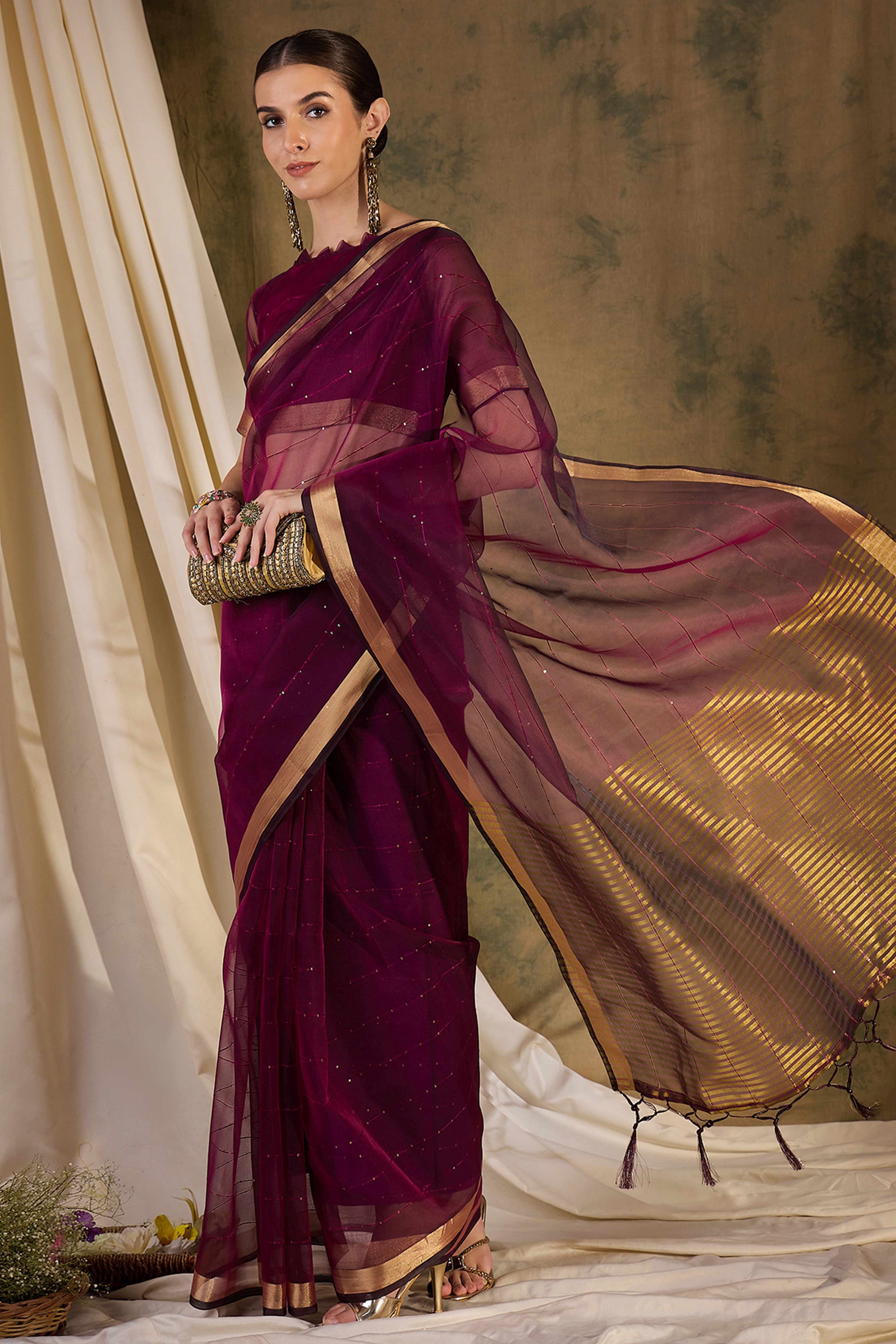 Wine Organza Silk Saree Featuring Shimmering Sequins Embroidery & Elegant Tasselled Pallu - Image 4
