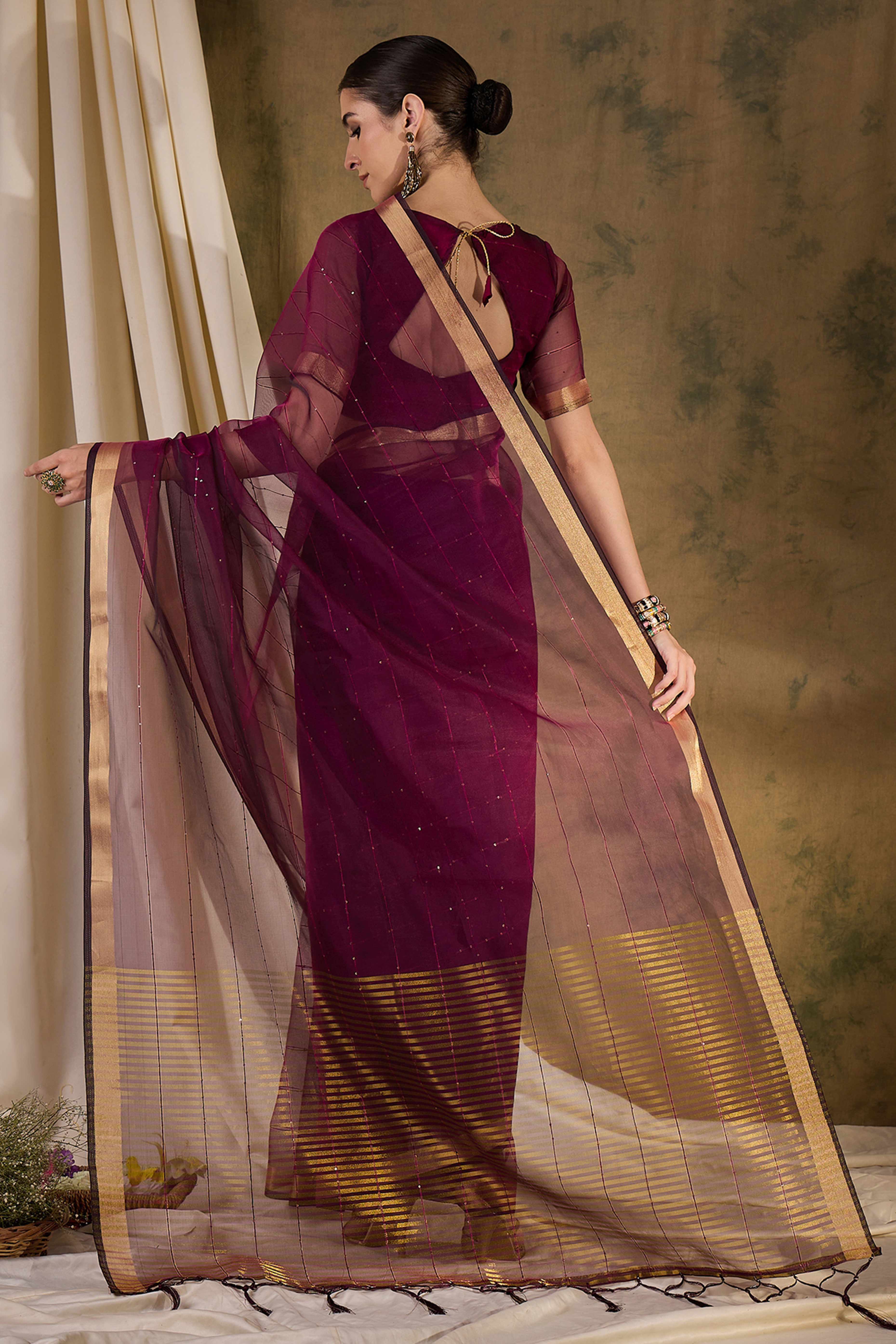 Wine Organza Silk Saree Featuring Shimmering Sequins Embroidery & Elegant Tasselled Pallu - Image 5