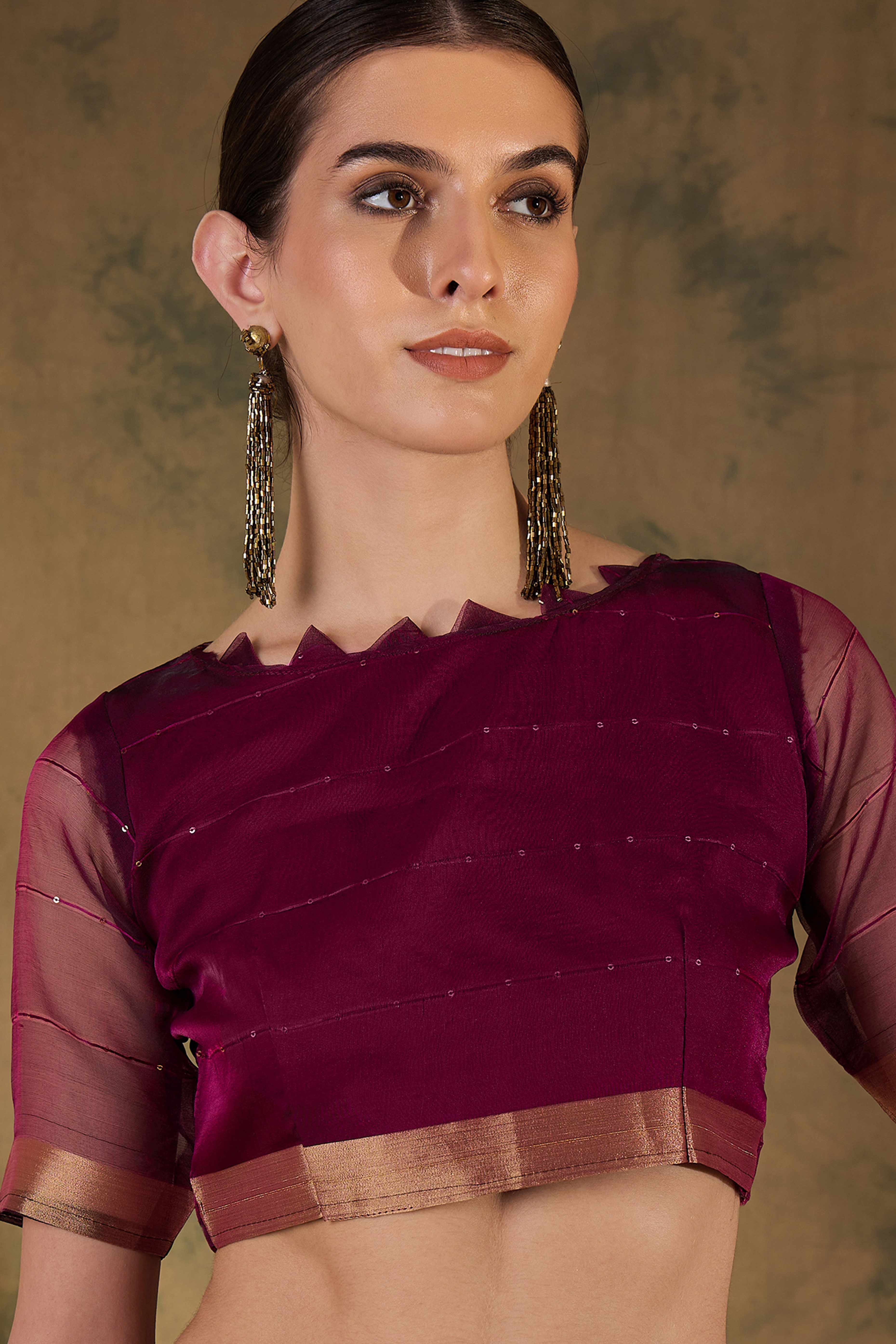 Wine Organza Silk Saree Featuring Shimmering Sequins Embroidery & Elegant Tasselled Pallu - Image 6