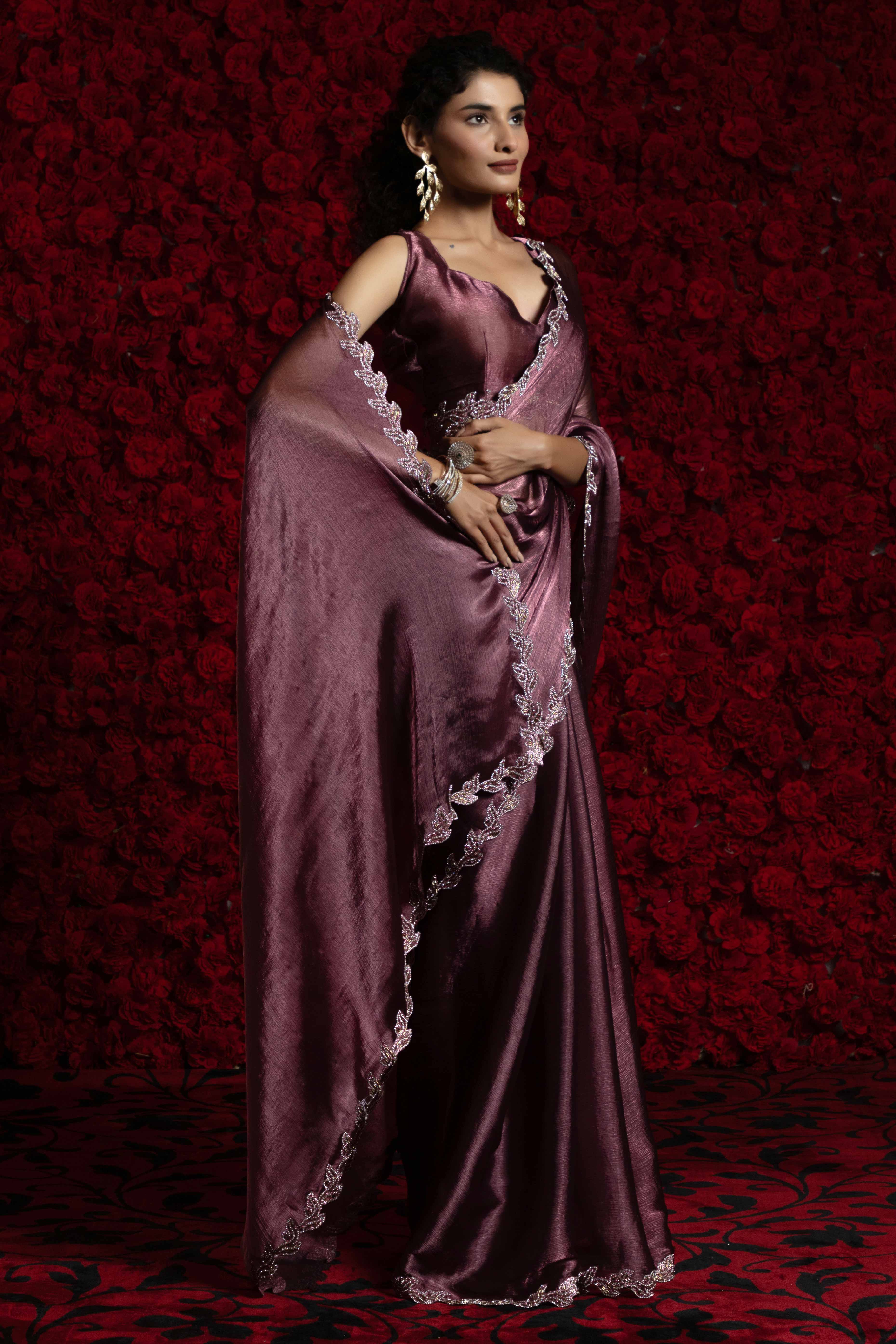 Wine Party Wear Saree Stone Embellished Tissue Chiffon Fabric - Image 3
