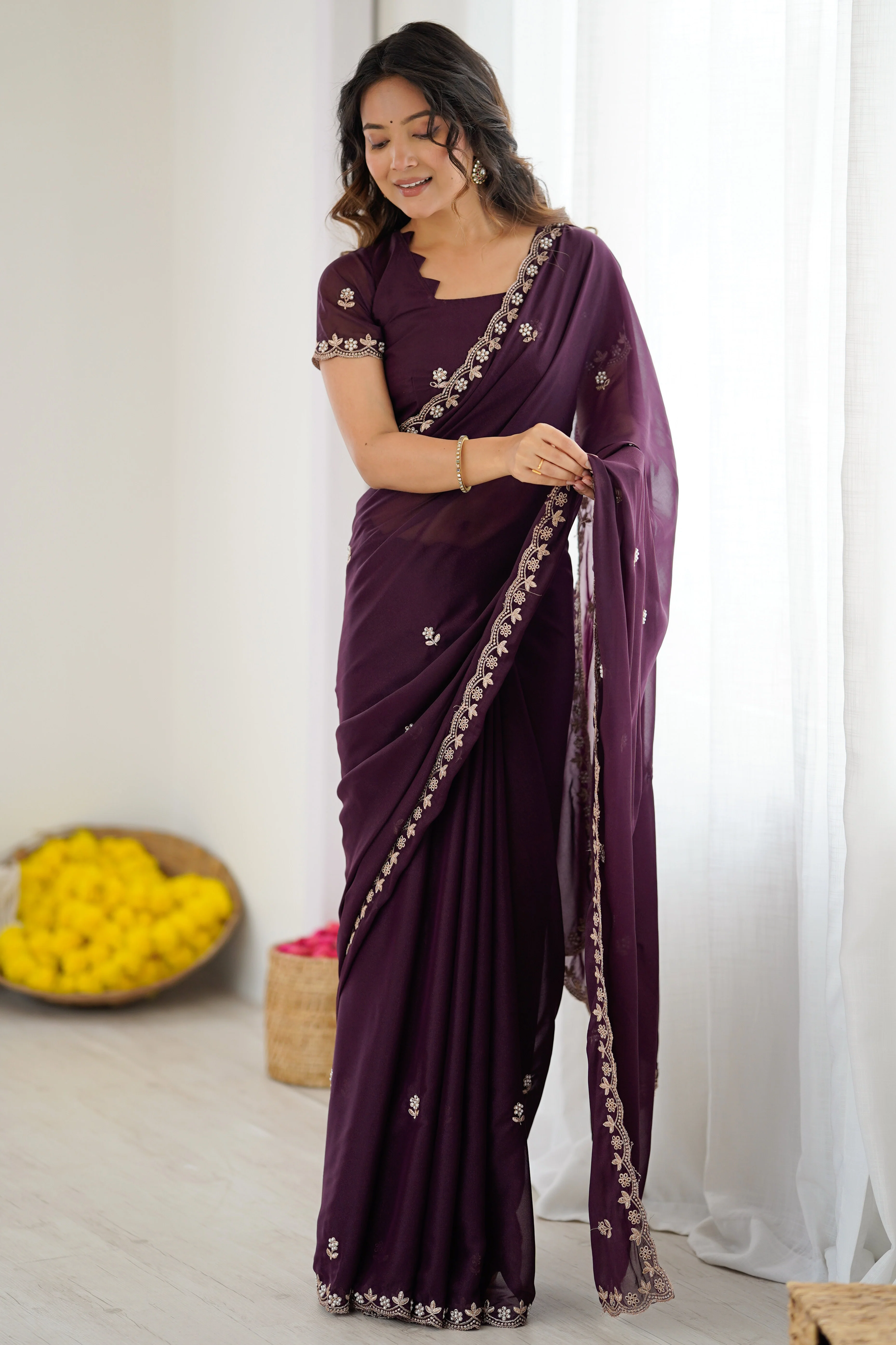 Wine Partywear Star Georgette Saree Adorned with Floral Embroidery and Beads Work - Image 3