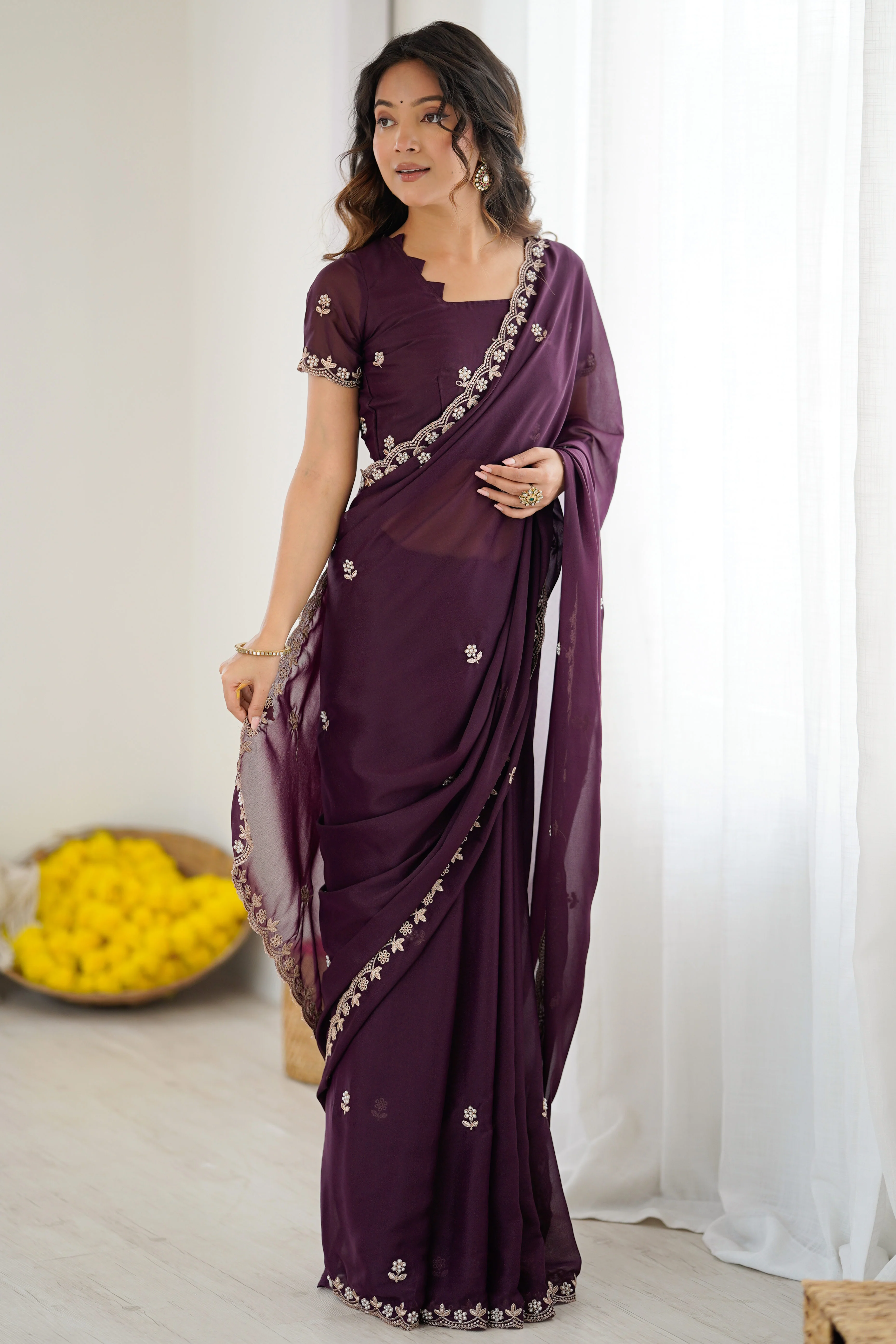 Wine Partywear Star Georgette Saree Adorned with Floral Embroidery and Beads Work - Image 4