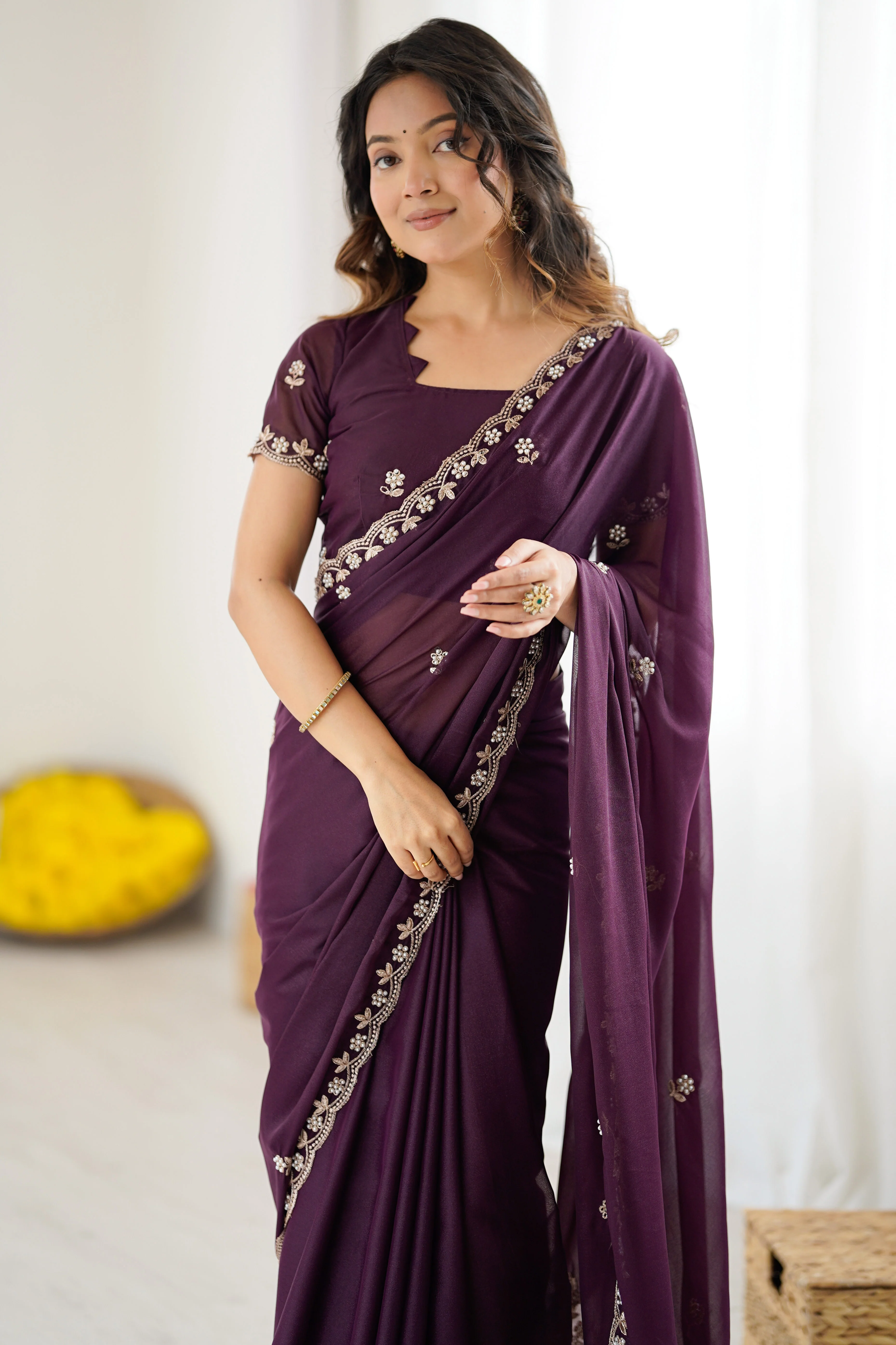 Wine Partywear Star Georgette Saree Adorned with Floral Embroidery and Beads Work - Image 7