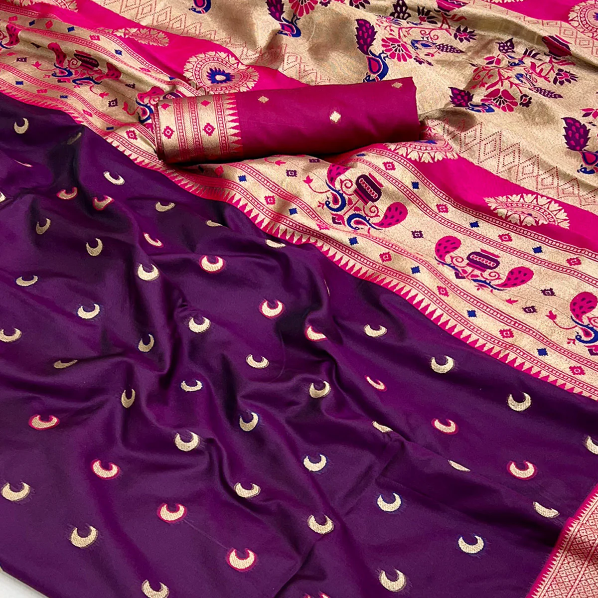 Wine & Pink Woven Pure Silk Paithani Saree - Image 2