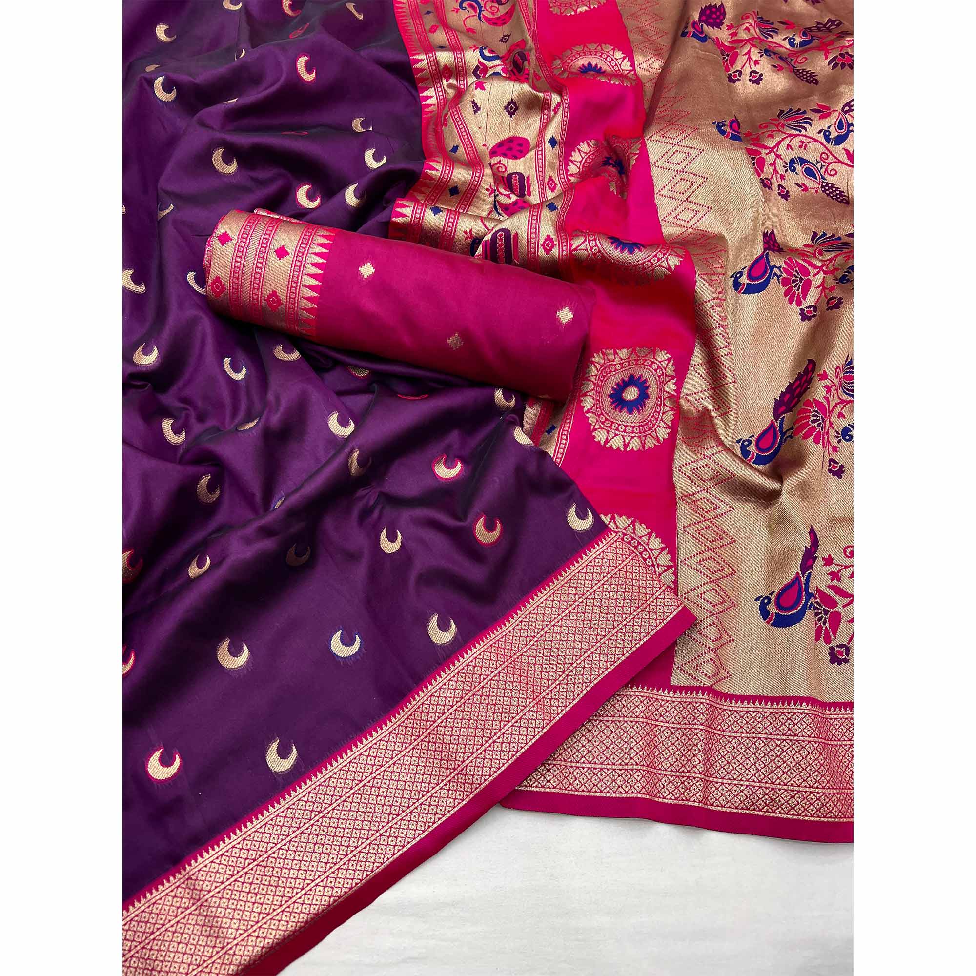 Wine & Pink Woven Pure Silk Paithani Saree - Image 3