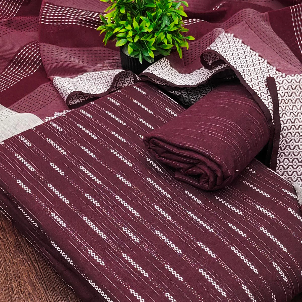 Wine Poly Cotton Blend Dress Material Adorned With Striped Weaving Work - Image 2