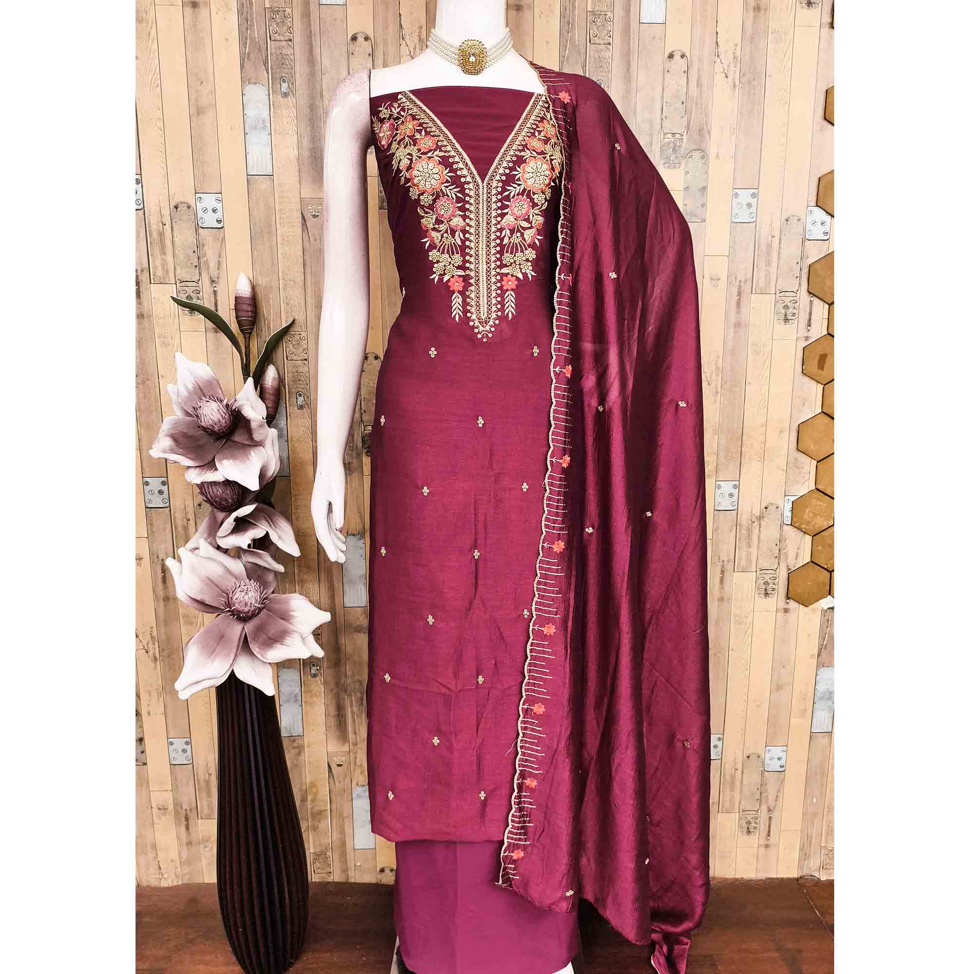 Wine Premium Vichitra Silk Dress Material Featuring Delicate Floral Embroidered Detailing - Image 3