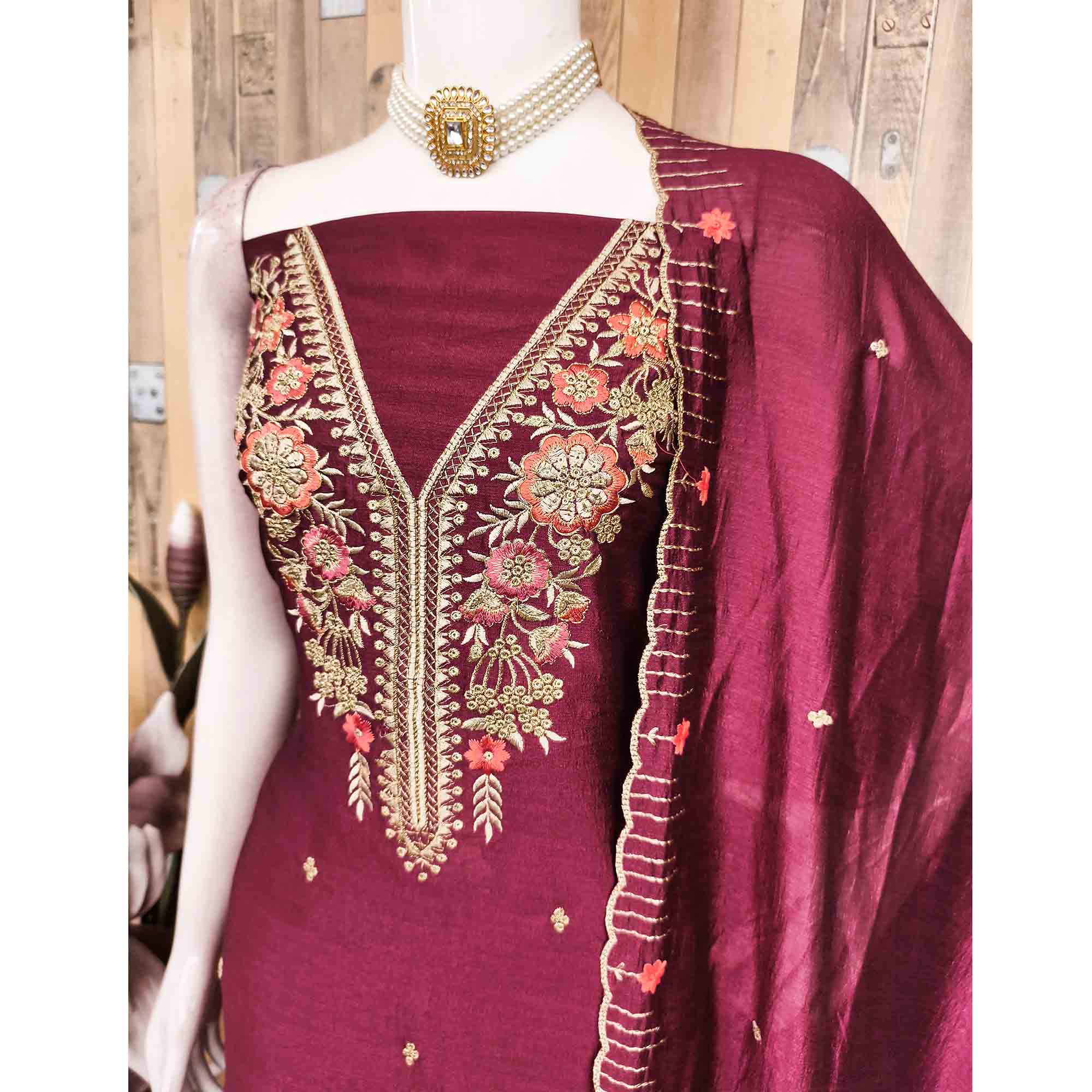 Wine Premium Vichitra Silk Dress Material Featuring Delicate Floral Embroidered Detailing - Image 4
