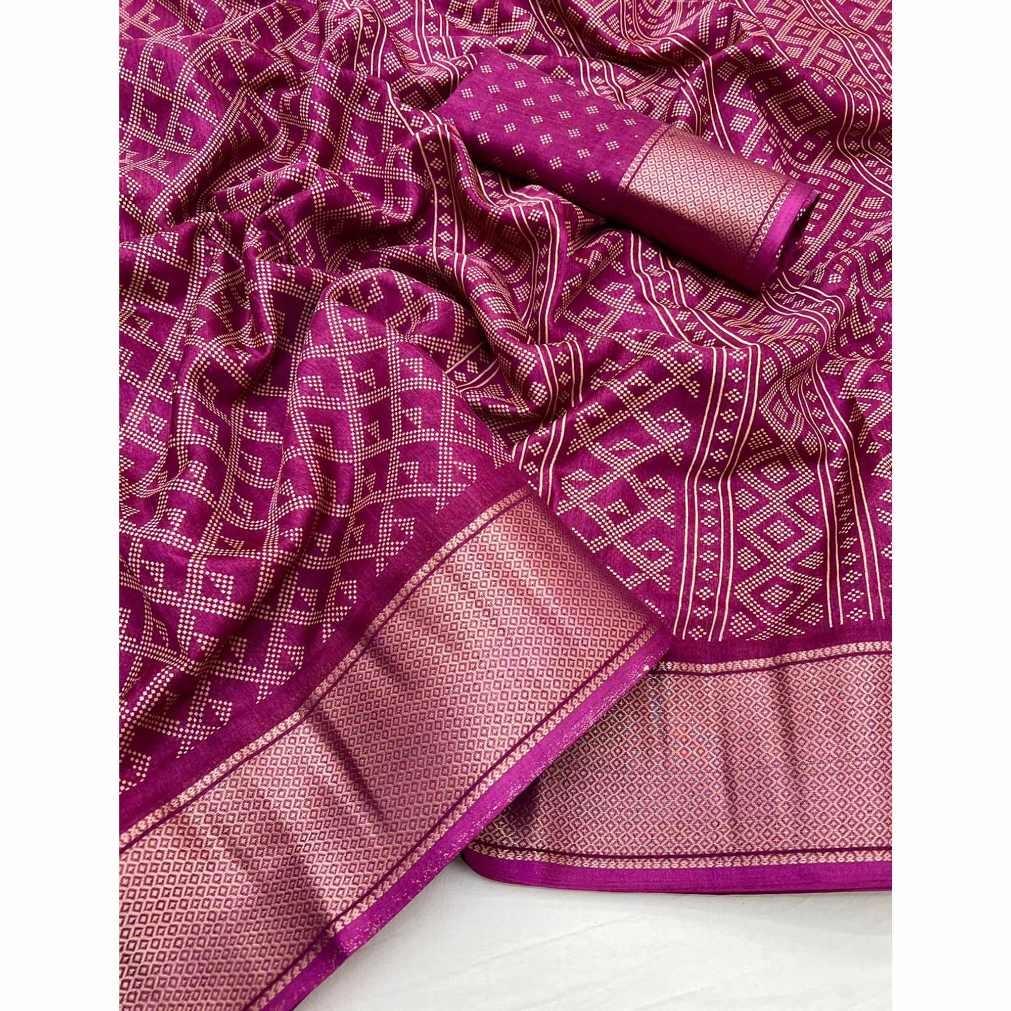 Wine Printed Dola Silk Saree With Jacquard Border - Image 3