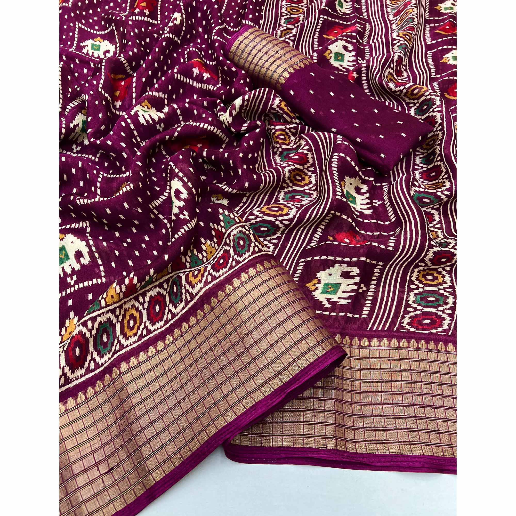Wine Printed Georgette Saree With Woven Border - Image 3