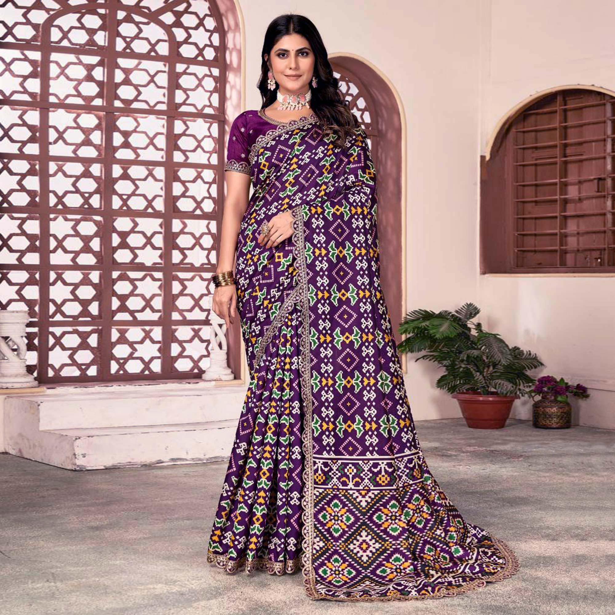 Wine Printed Patola Tussar Silk Saree - Image 4