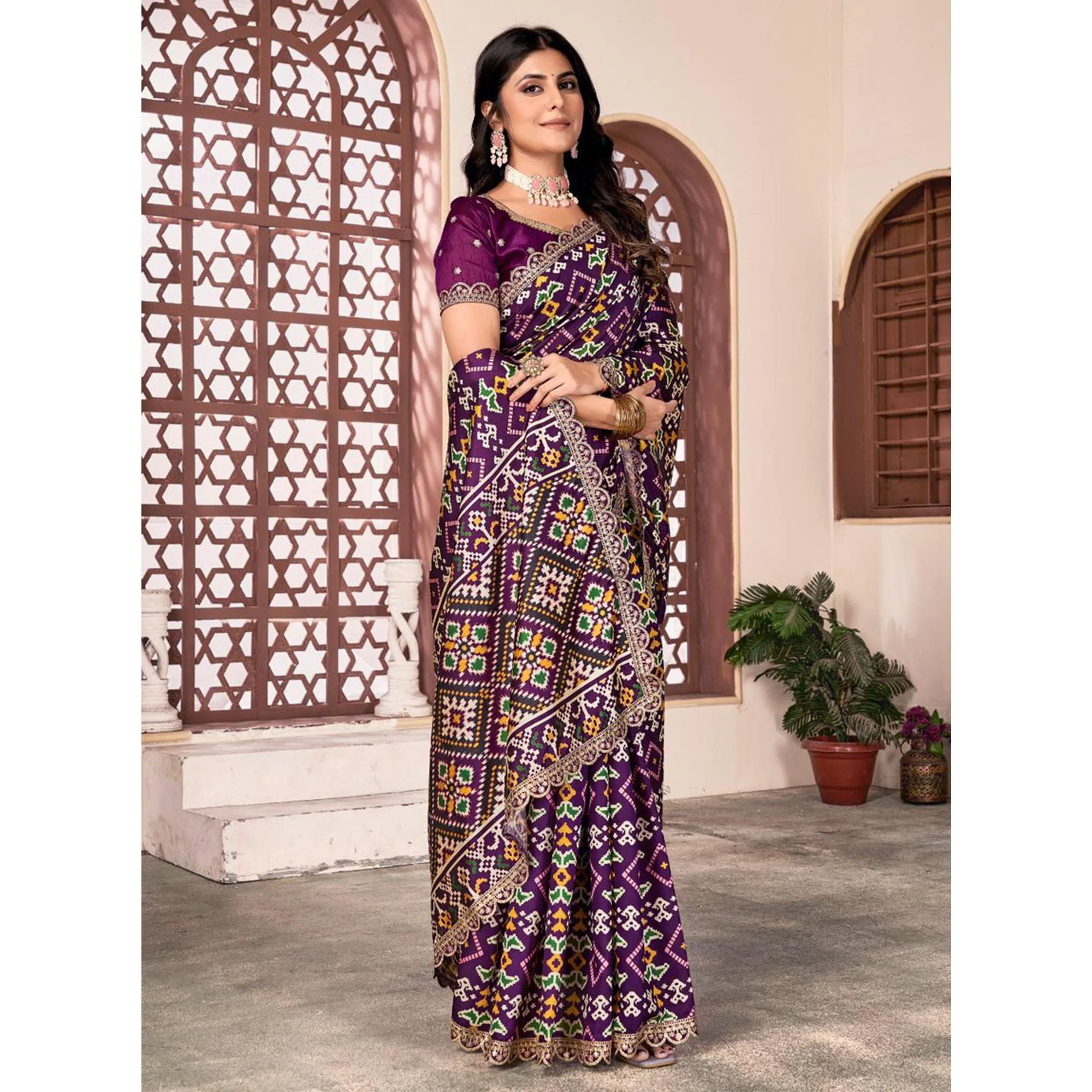 Wine Printed Patola Tussar Silk Saree - Image 5