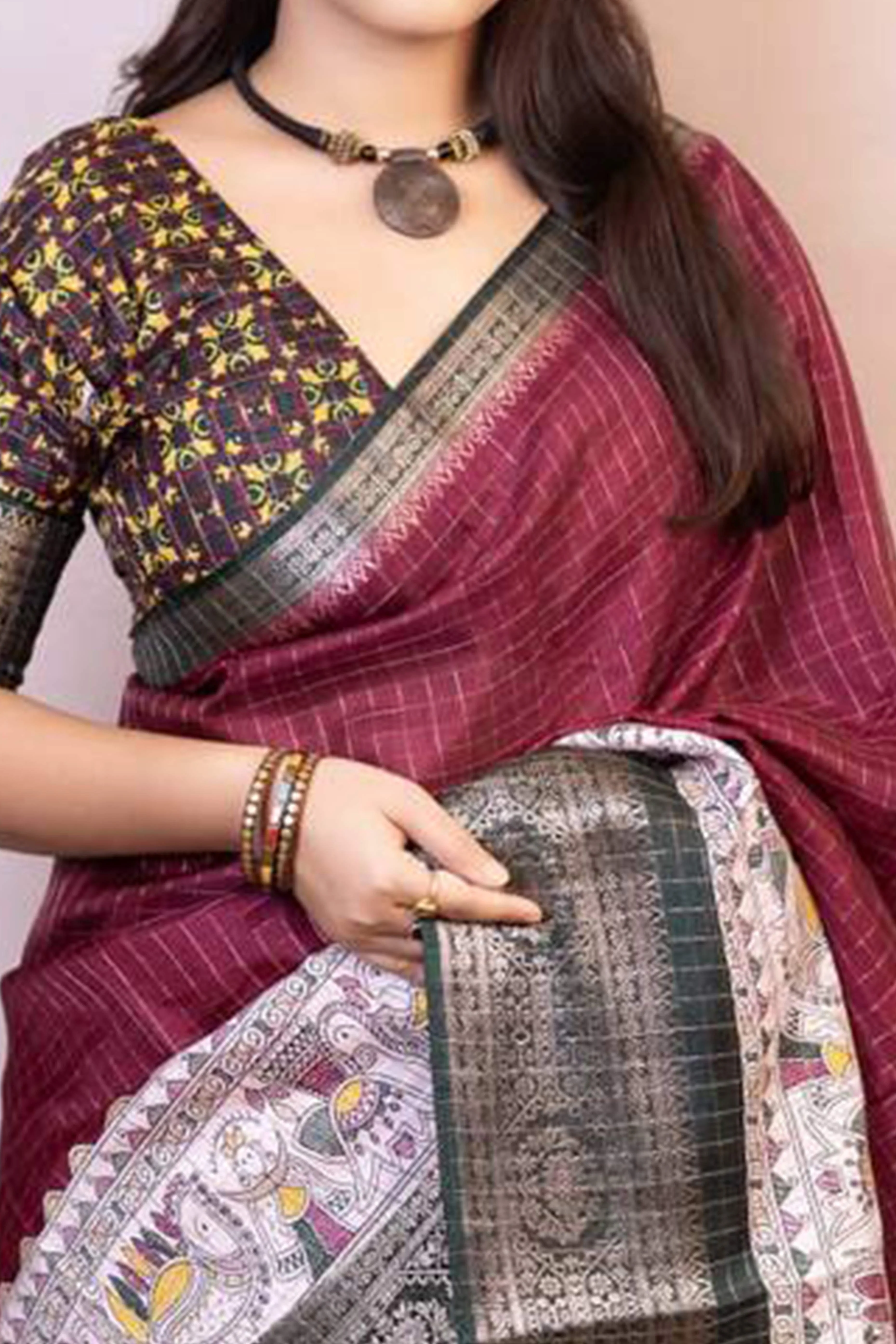 Wine Printed With Zari Checks Dola Silk Saree - Image 2