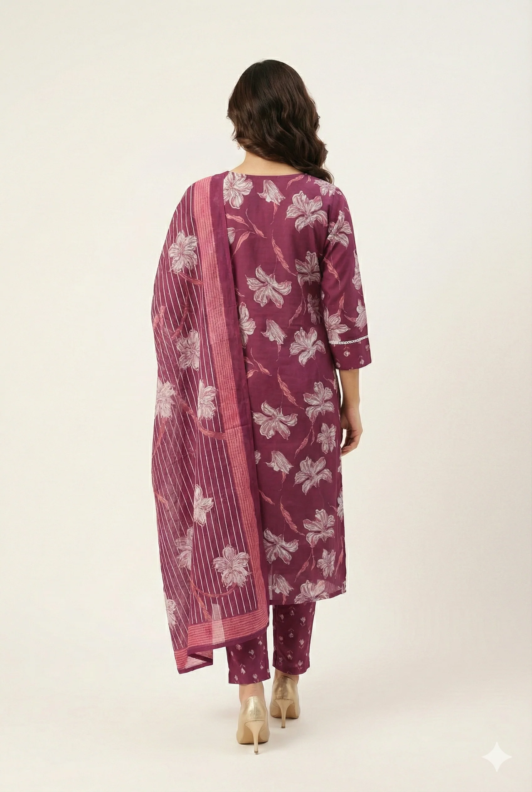 Wine Pure Cotton Suit Set Showcasing Delicate Floral Prints and Fine Thread Work - Image 3