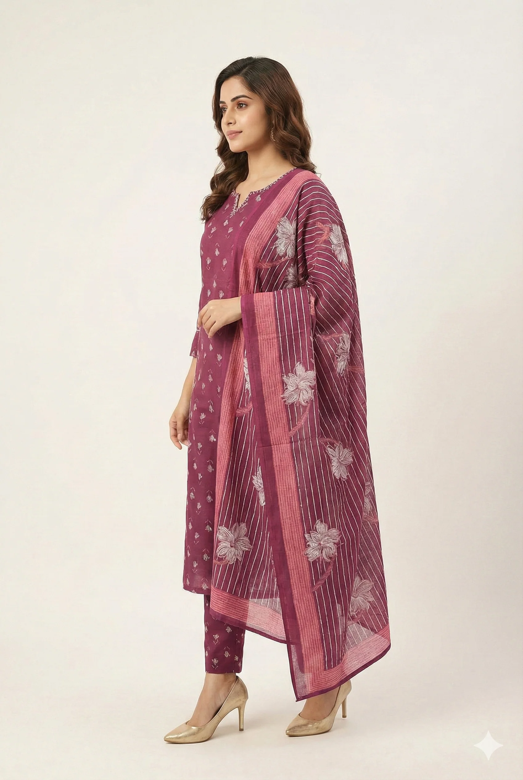 Wine Pure Cotton Suit Set Showcasing Delicate Floral Prints and Fine Thread Work - Image 4