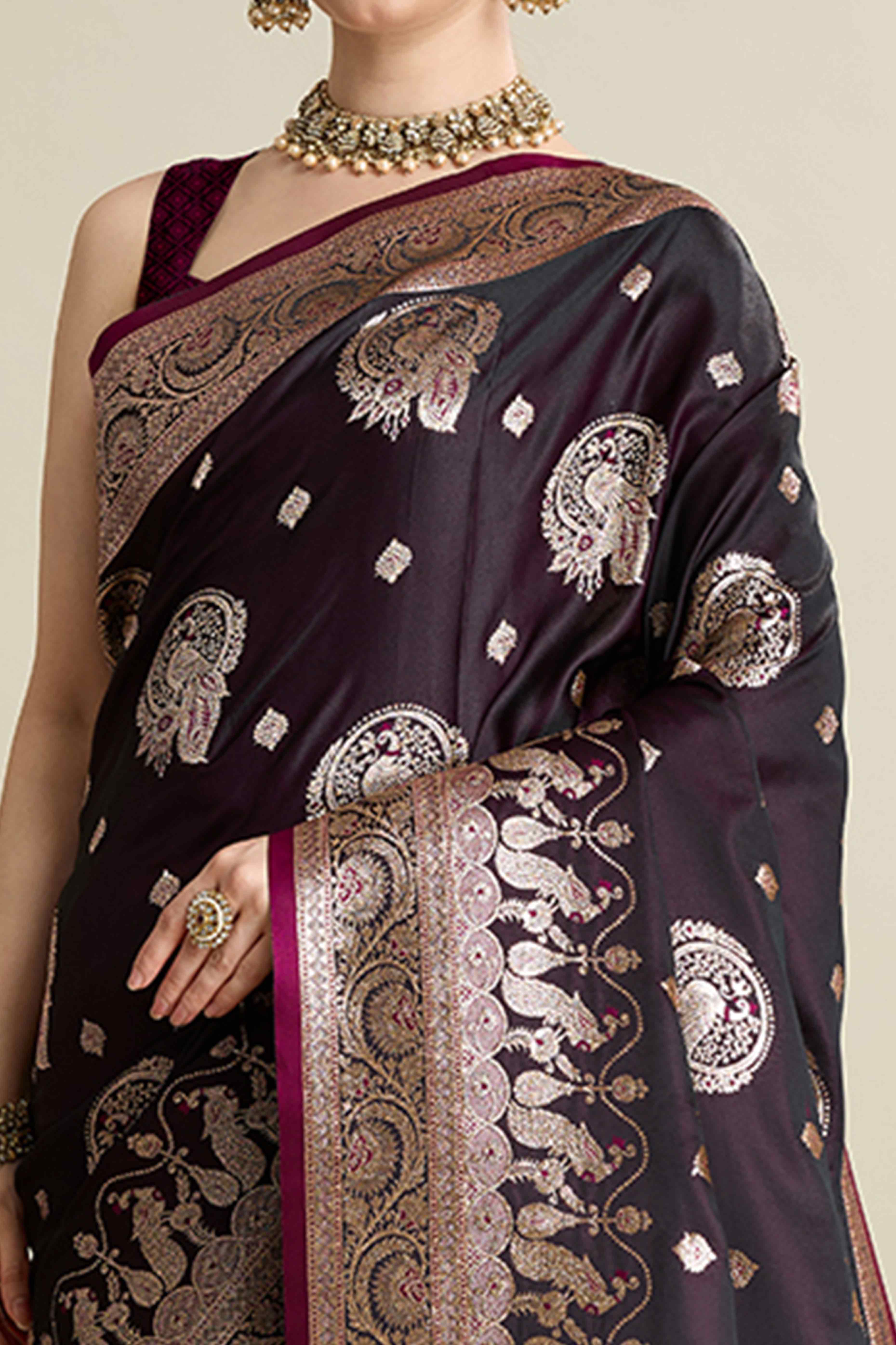 Wine Pure Silk Saree Featuring Traditional Banarasi Zari Weaving Patterns - Image 2