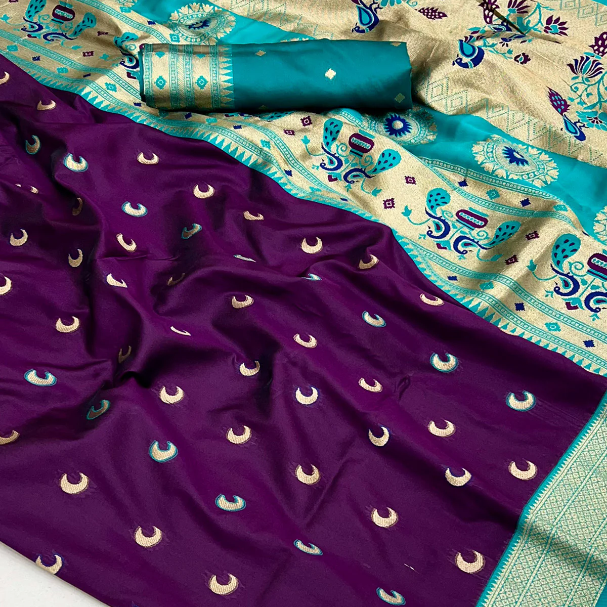 Wine & Rama Blue Woven Pure Silk Paithani Saree - Image 2