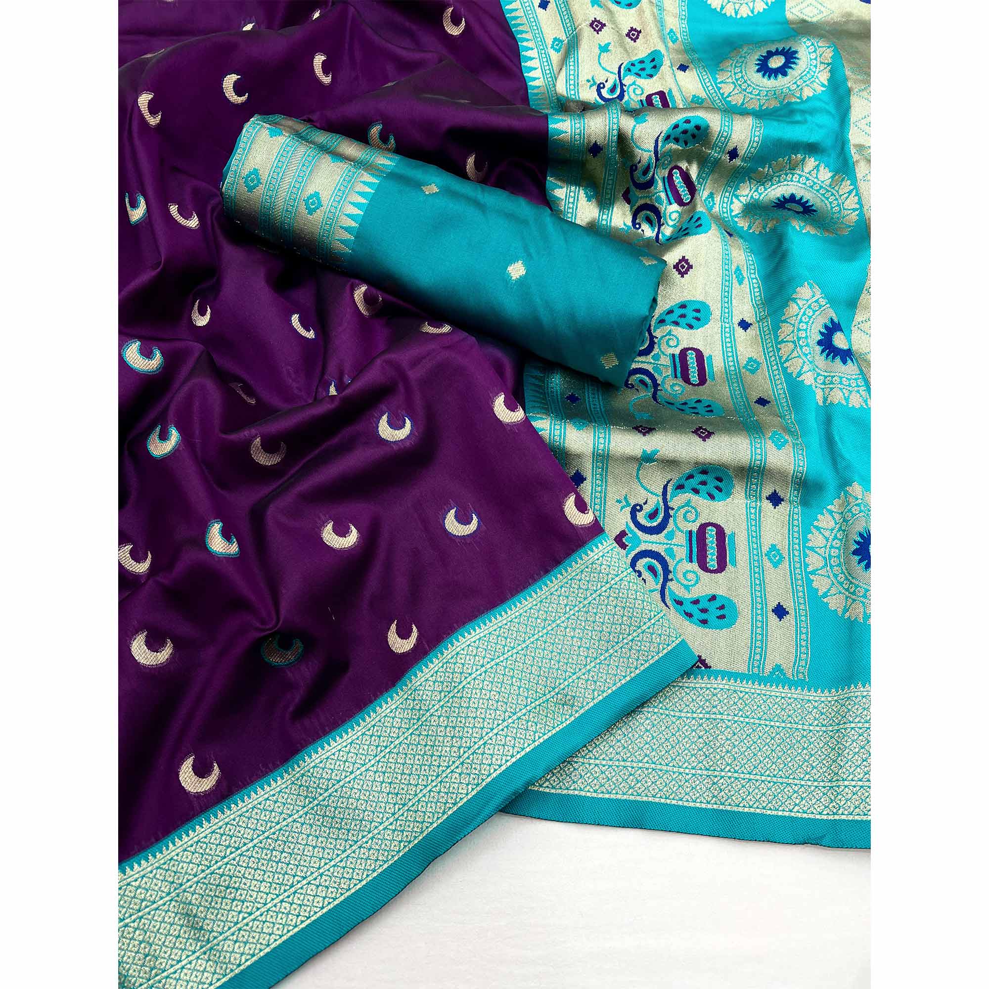 Wine & Rama Blue Woven Pure Silk Paithani Saree - Image 3