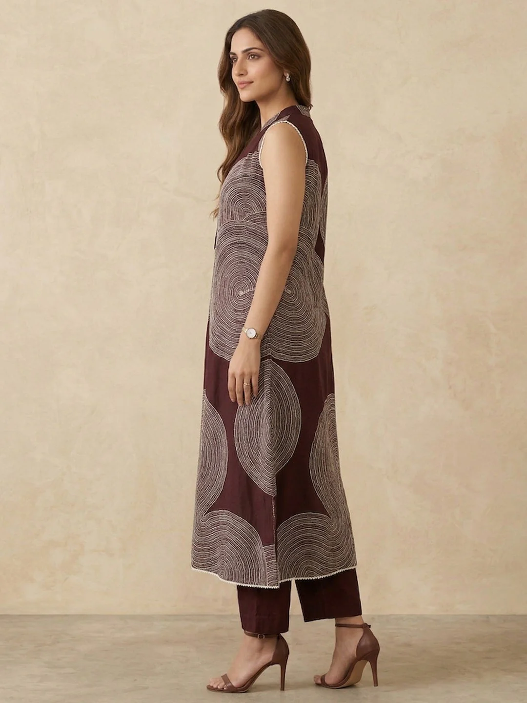 Wine Rayon Top Bottom Set with Abstract Print and Lace Detail - Image 4
