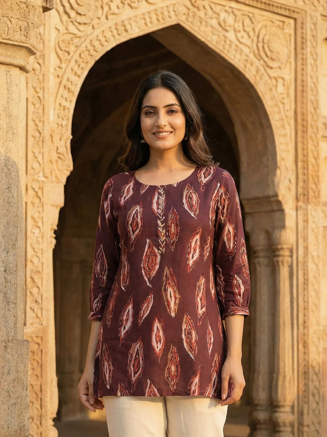 Wine Rayon Top with Abstract Print with Smooth Texture and Relaxed Modern Styling