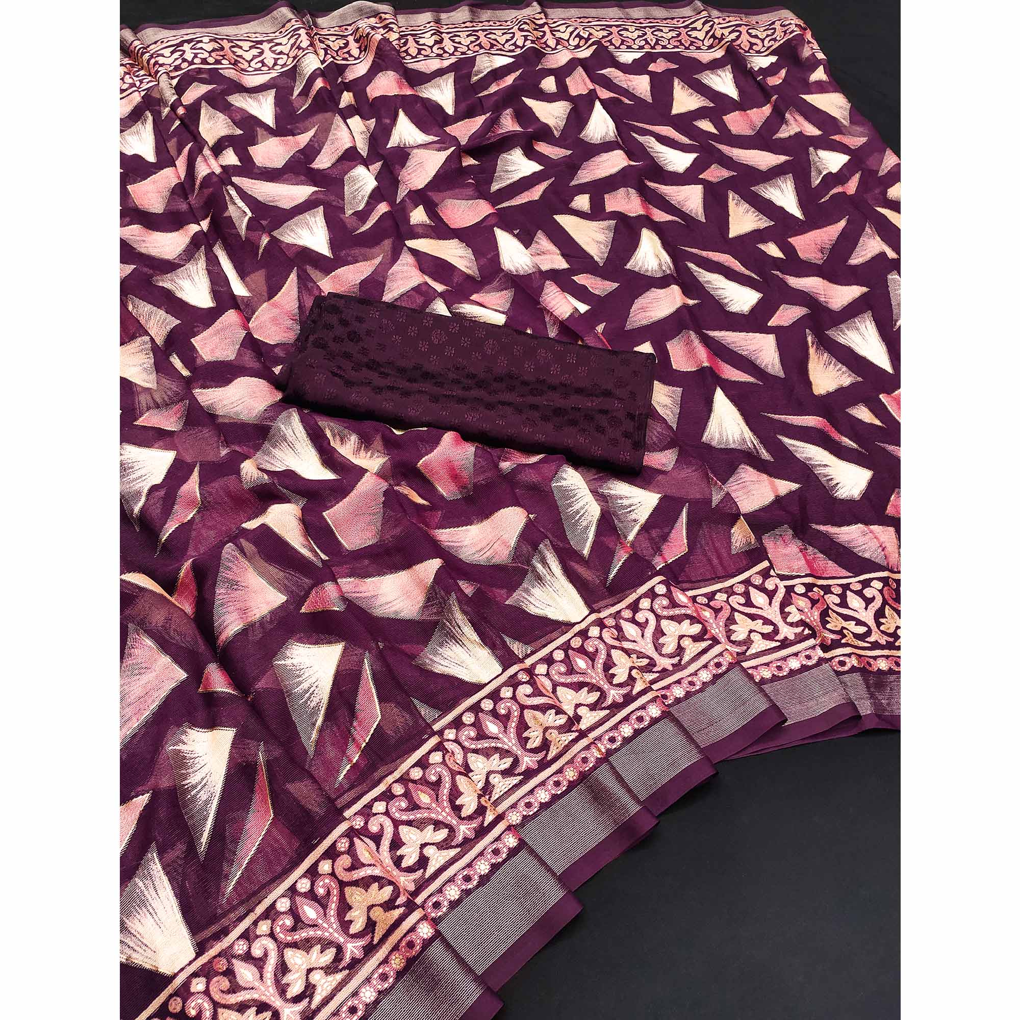 Wine Saree in Brasso with Contemporary Geometric Print - Image 3