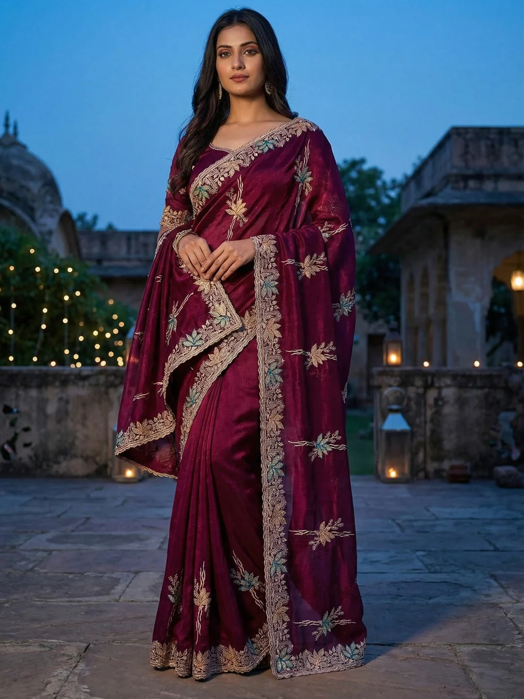 Wine Satin Saree with Designer Embroidery and Stone Work
