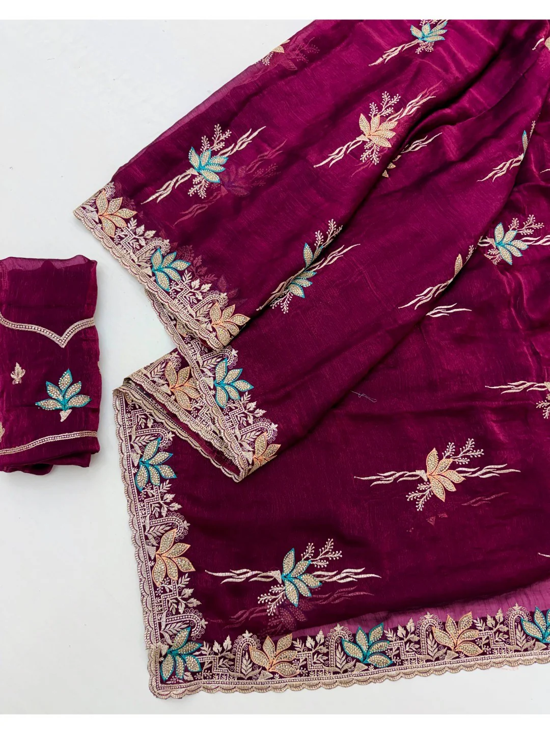 Wine Satin Saree with Designer Embroidery and Stone Work - Image 3