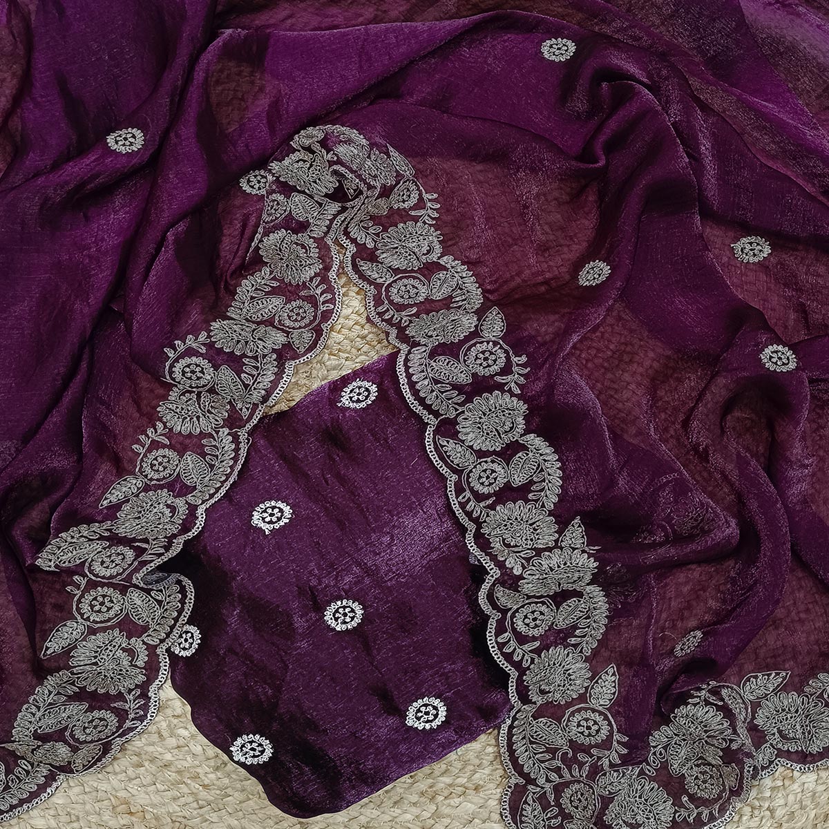 Wine Satin Silk Saree Accented With Intricate Floral Cording Embroidery - Image 2