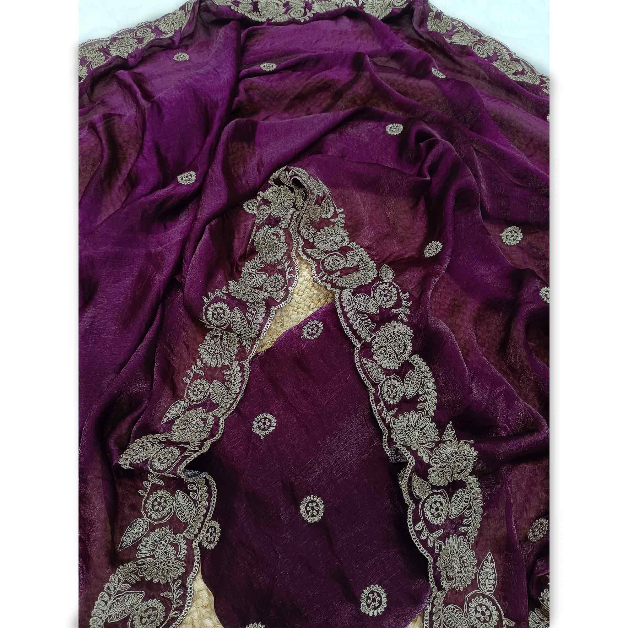 Wine Satin Silk Saree Accented With Intricate Floral Cording Embroidery - Image 3