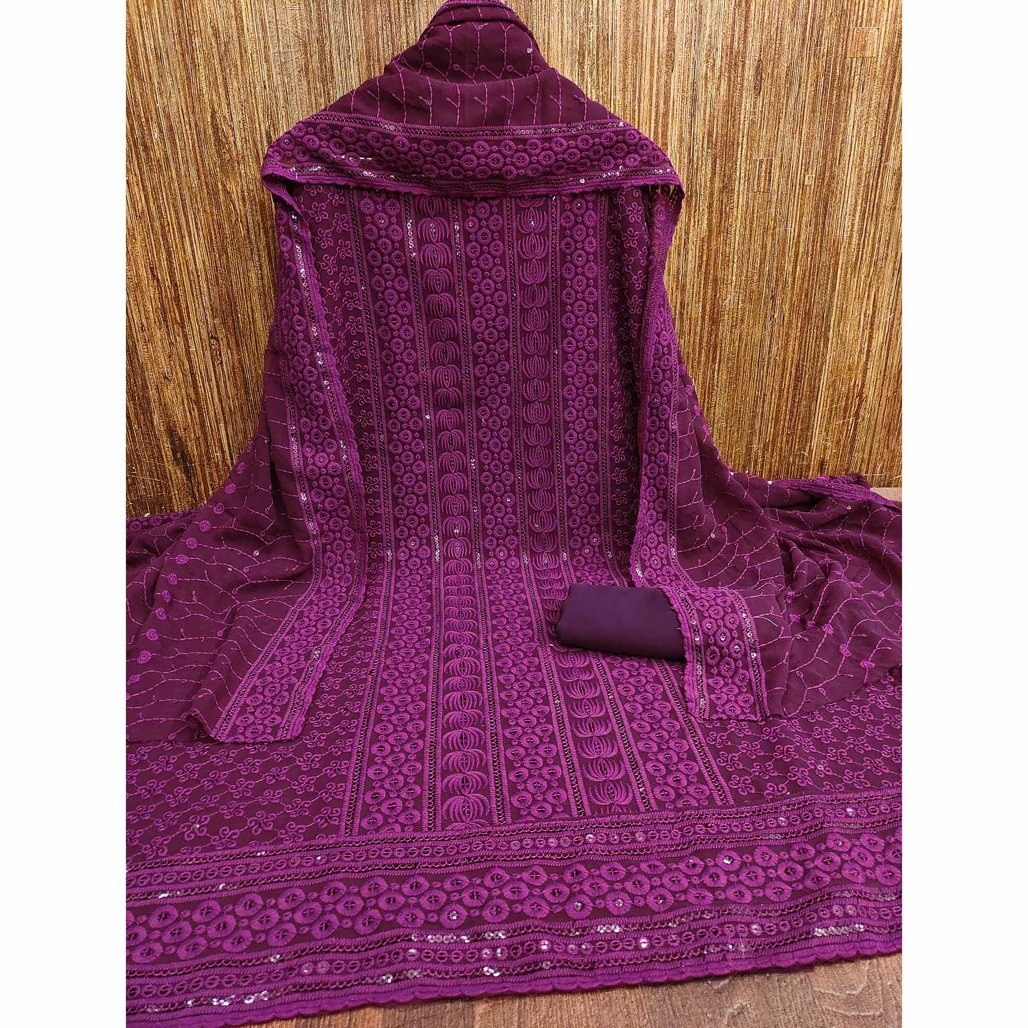 Wine Sequin Embroidered Georgette Dress Material - Image 3