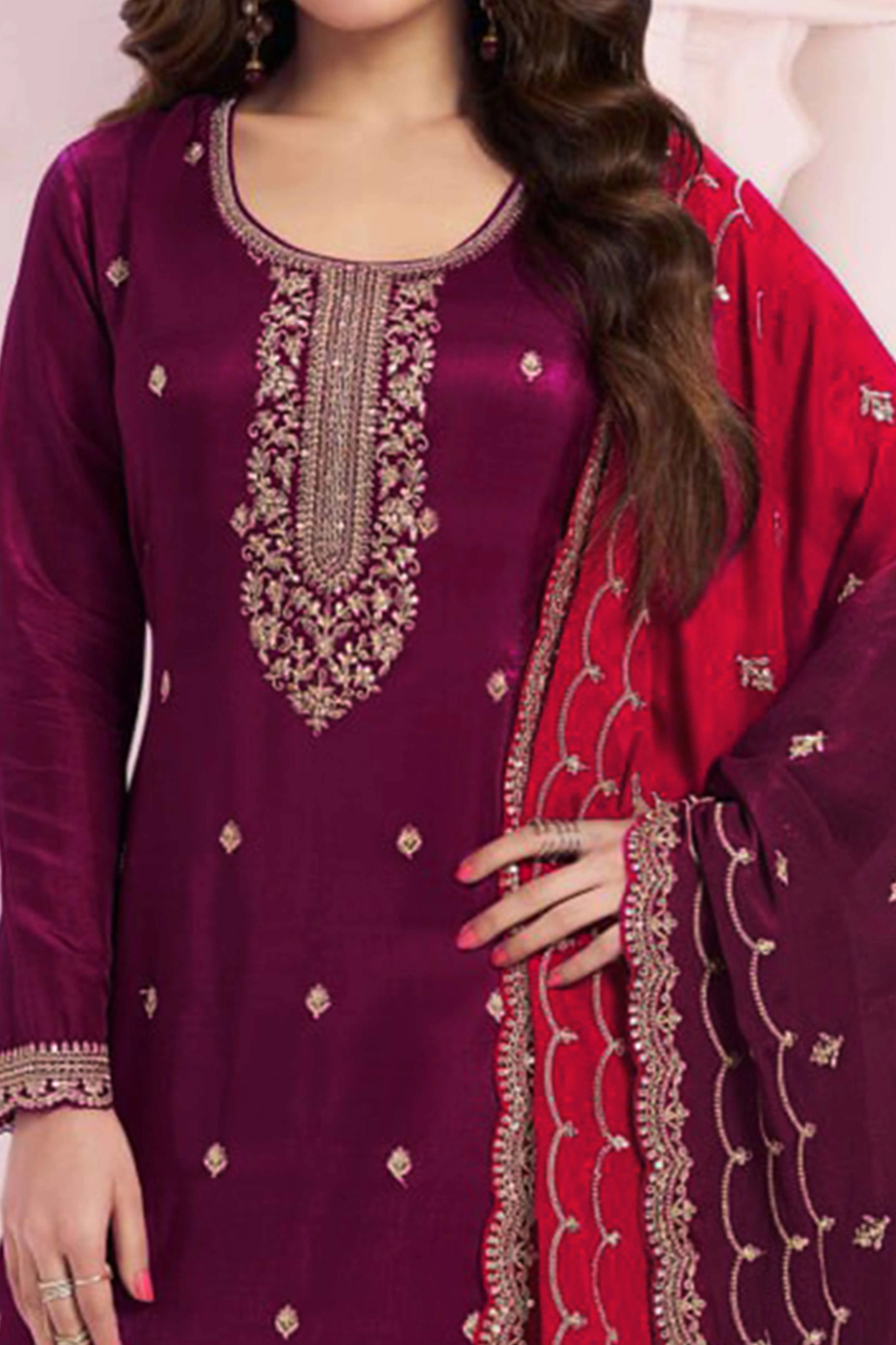 Wine Sequins Embroidered Butti Vichitra Silk Semi Stitched Salwar Suit - Image 2
