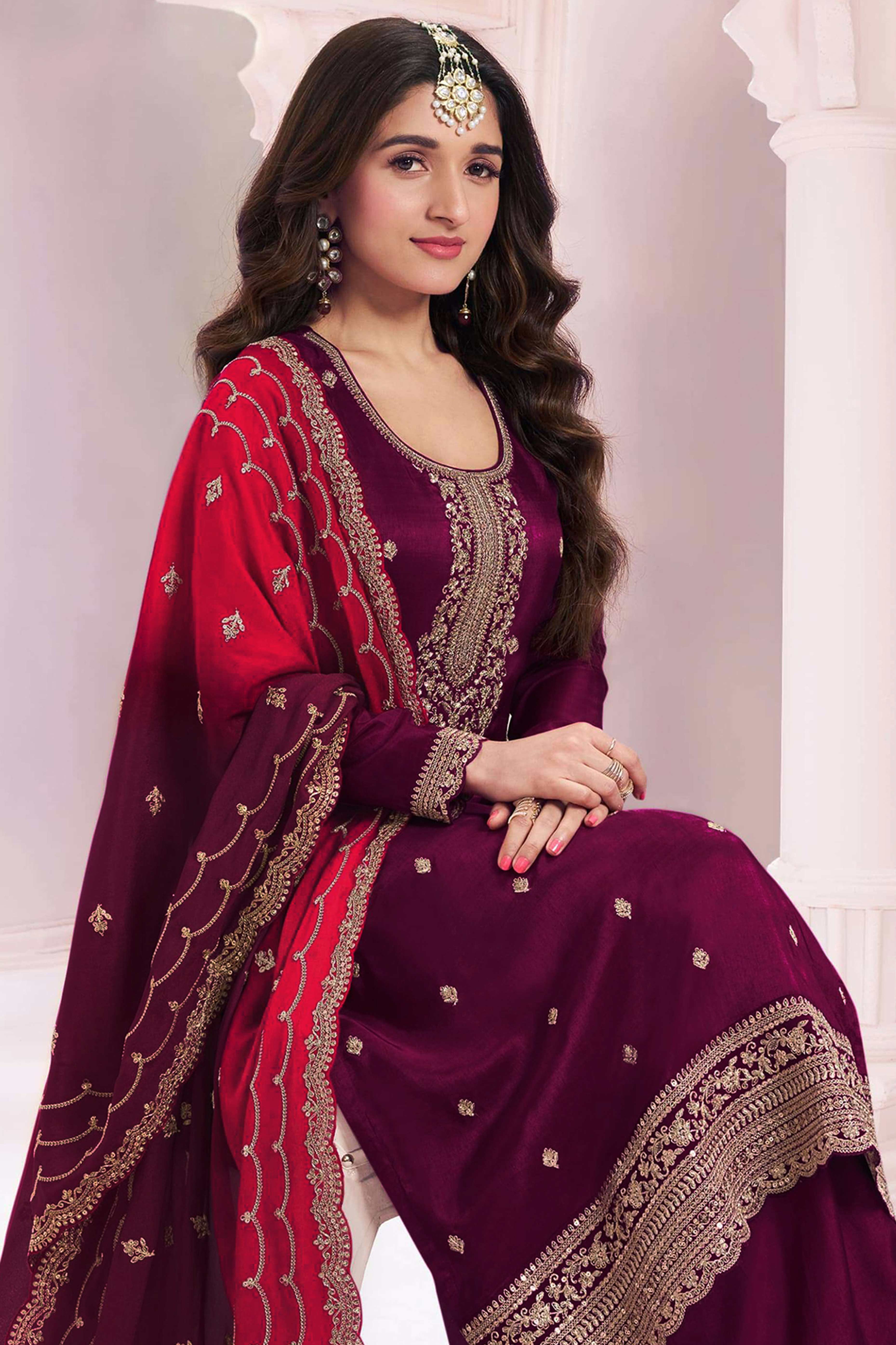 Wine Sequins Embroidered Butti Vichitra Silk Semi Stitched Salwar Suit - Image 3