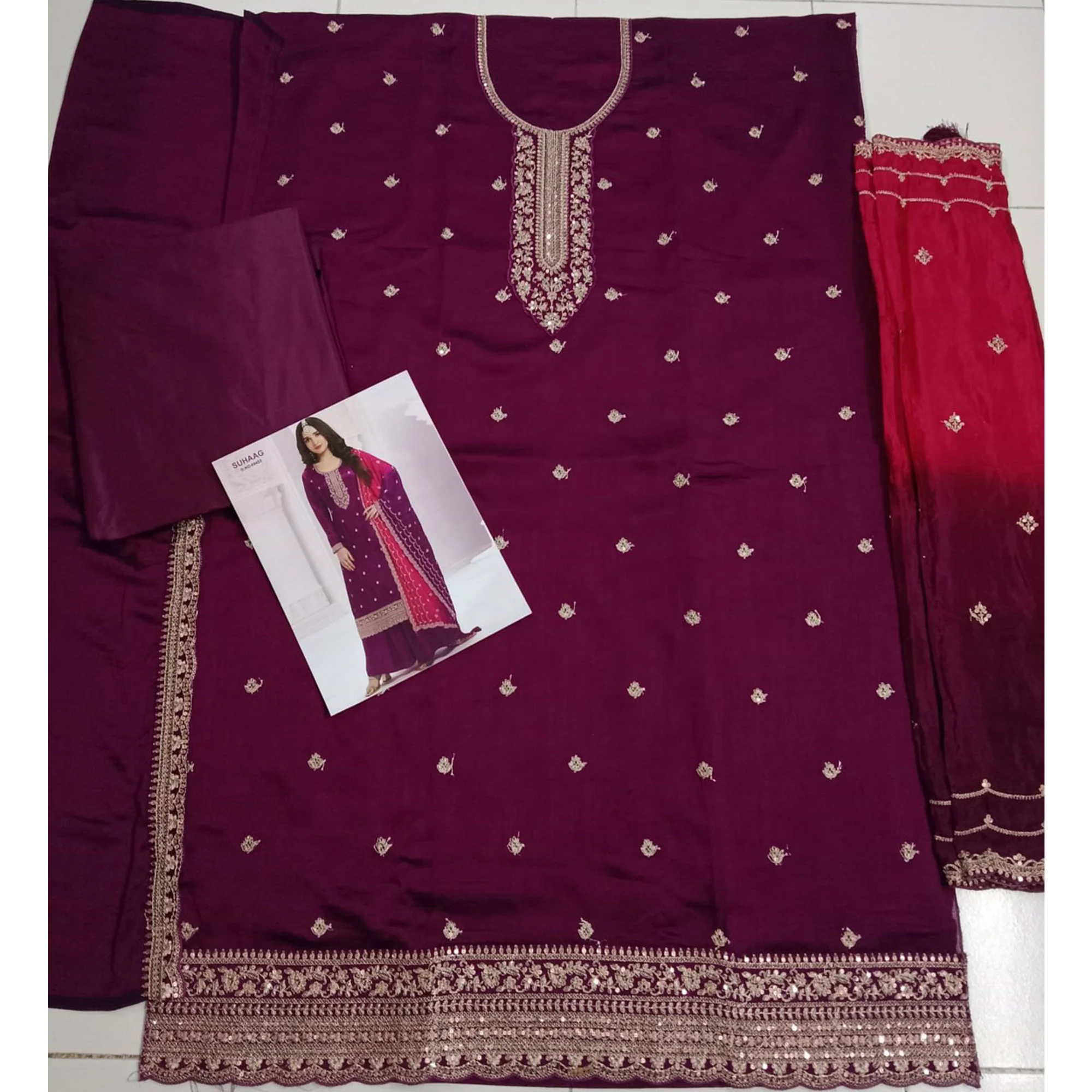 Wine Sequins Embroidered Butti Vichitra Silk Semi Stitched Salwar Suit - Image 4