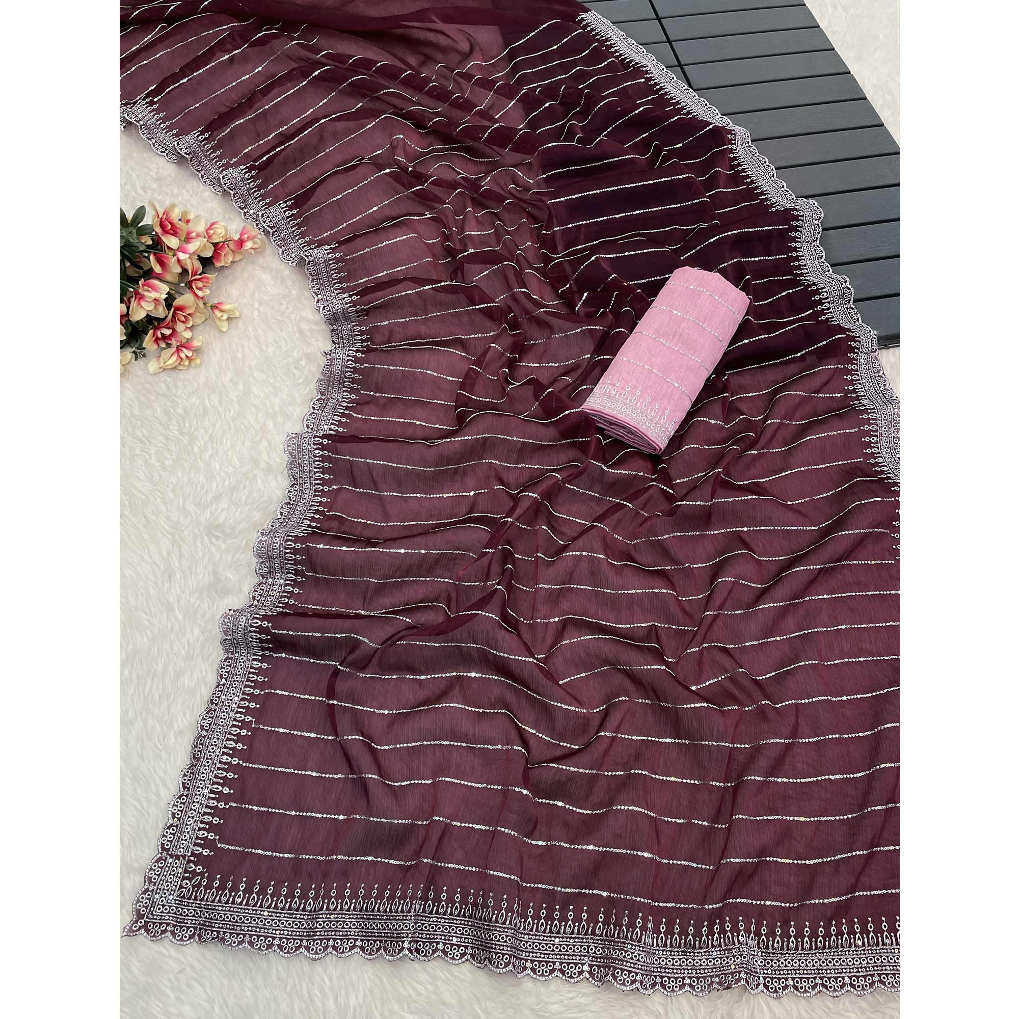 Wine Sequins Embroidered Chiffon Saree - Image 3