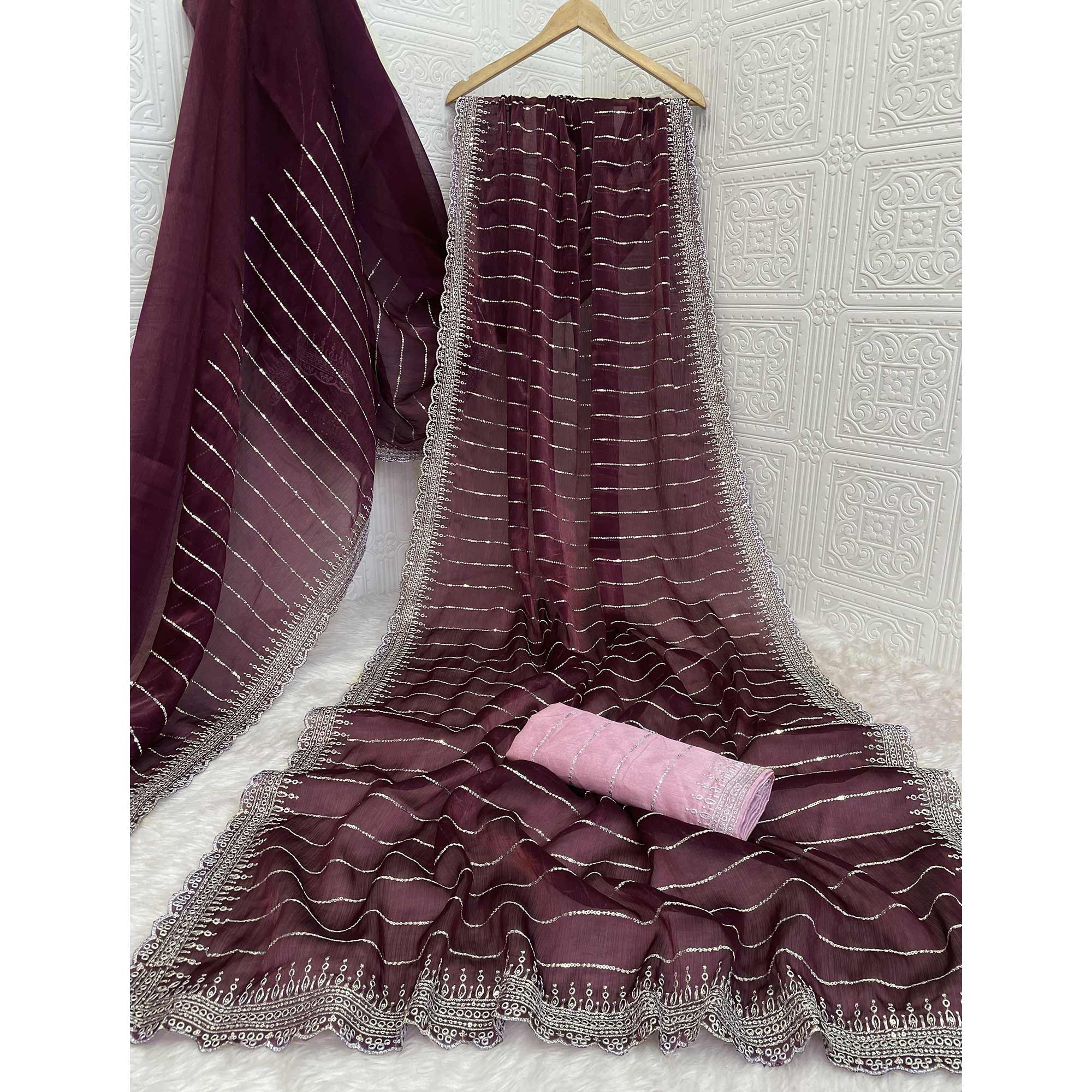 Wine Sequins Embroidered Chiffon Saree - Image 4